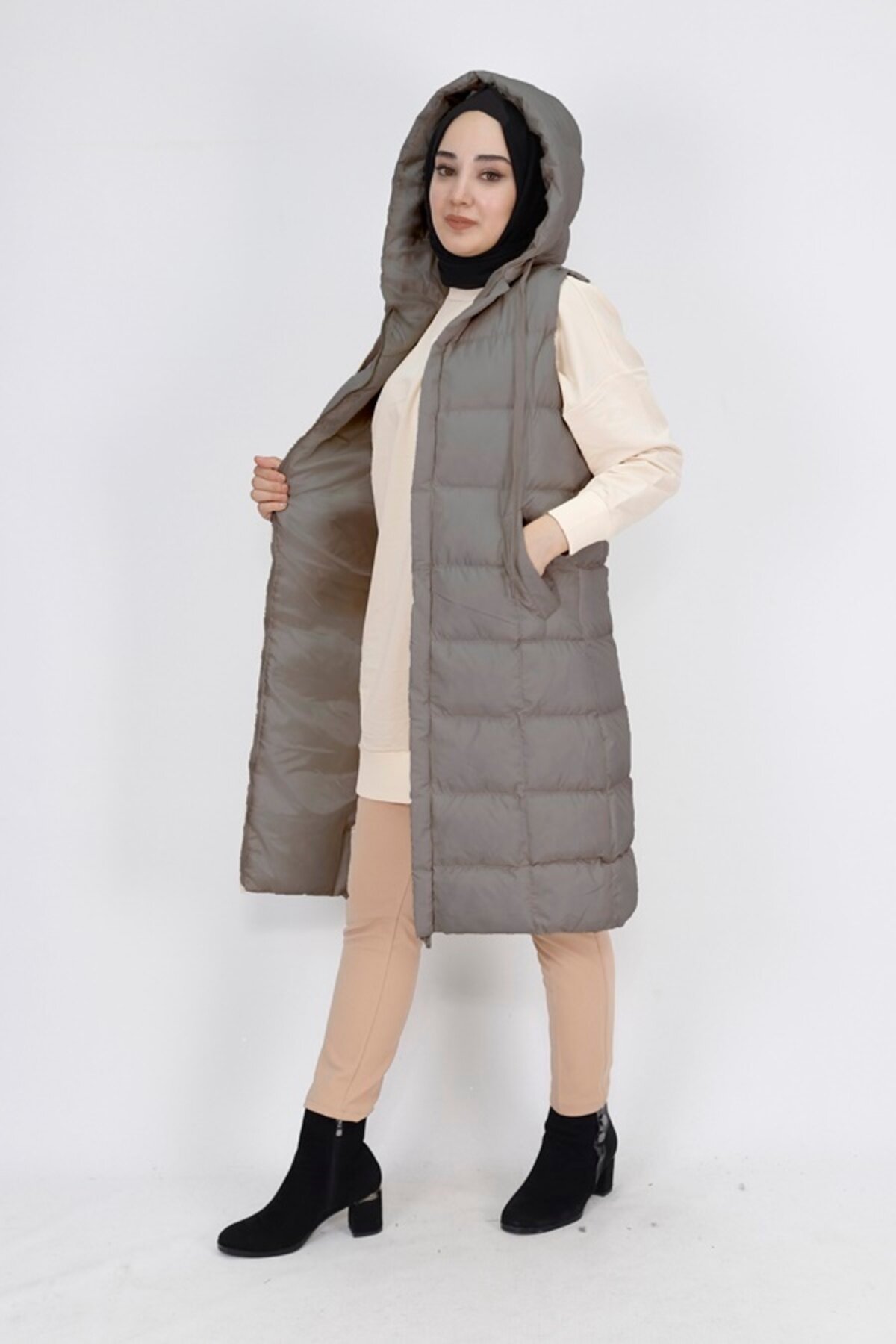 Padded Puffer Pocket Modest Vest - Grey - Bycoolest Butik