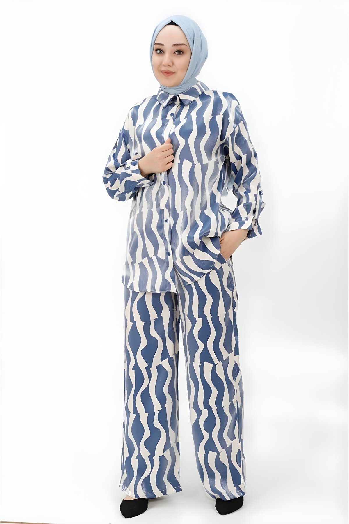 İndigo Desenli Pamuk Saten İkili Tesettür Takım - Bycoolest Butik