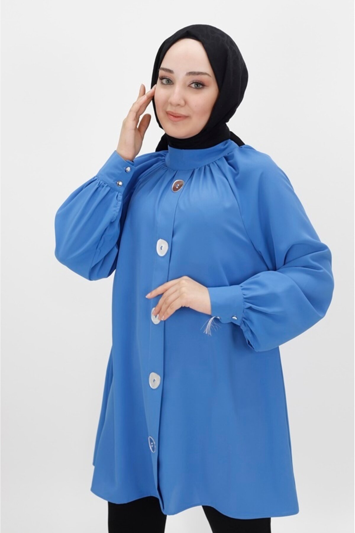 Mirror Button Detail Jessica Fabric Modest Tunic - Indigo - Bycoolest Butik
