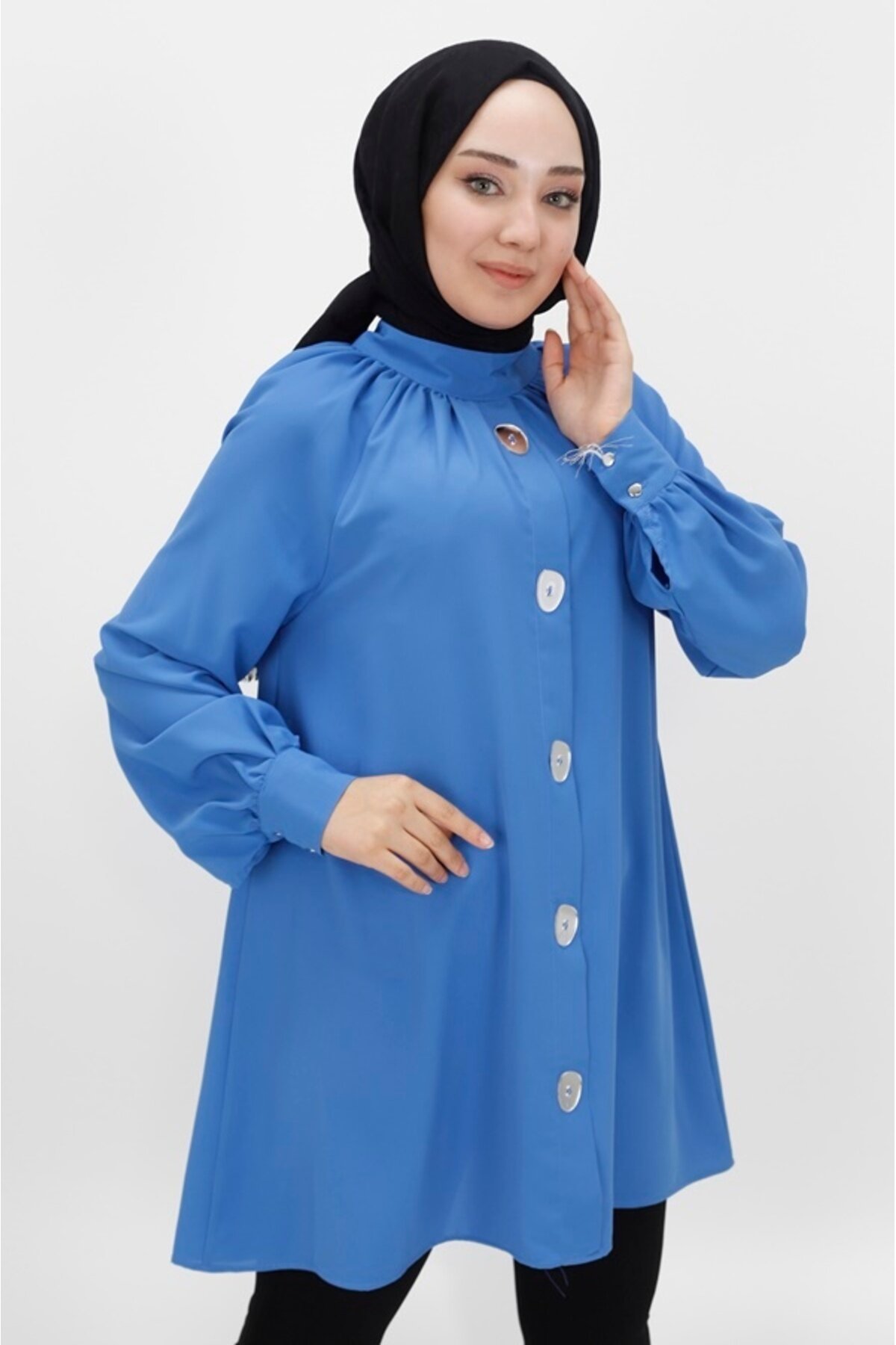 Mirror Button Detail Jessica Fabric Modest Tunic - Indigo - Bycoolest Butik
