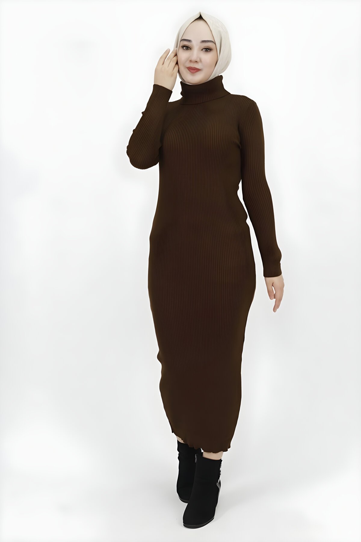 Kahve Fitilli Triko Boğazalı Tesettür Elbise - Bycoolest Butik