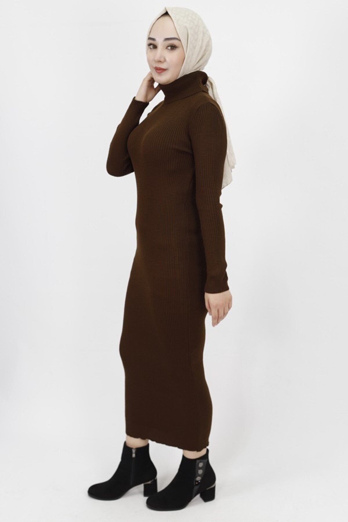 Ribbed Knit Turtleneck Modest Dress - Brown - Bycoolest Butik