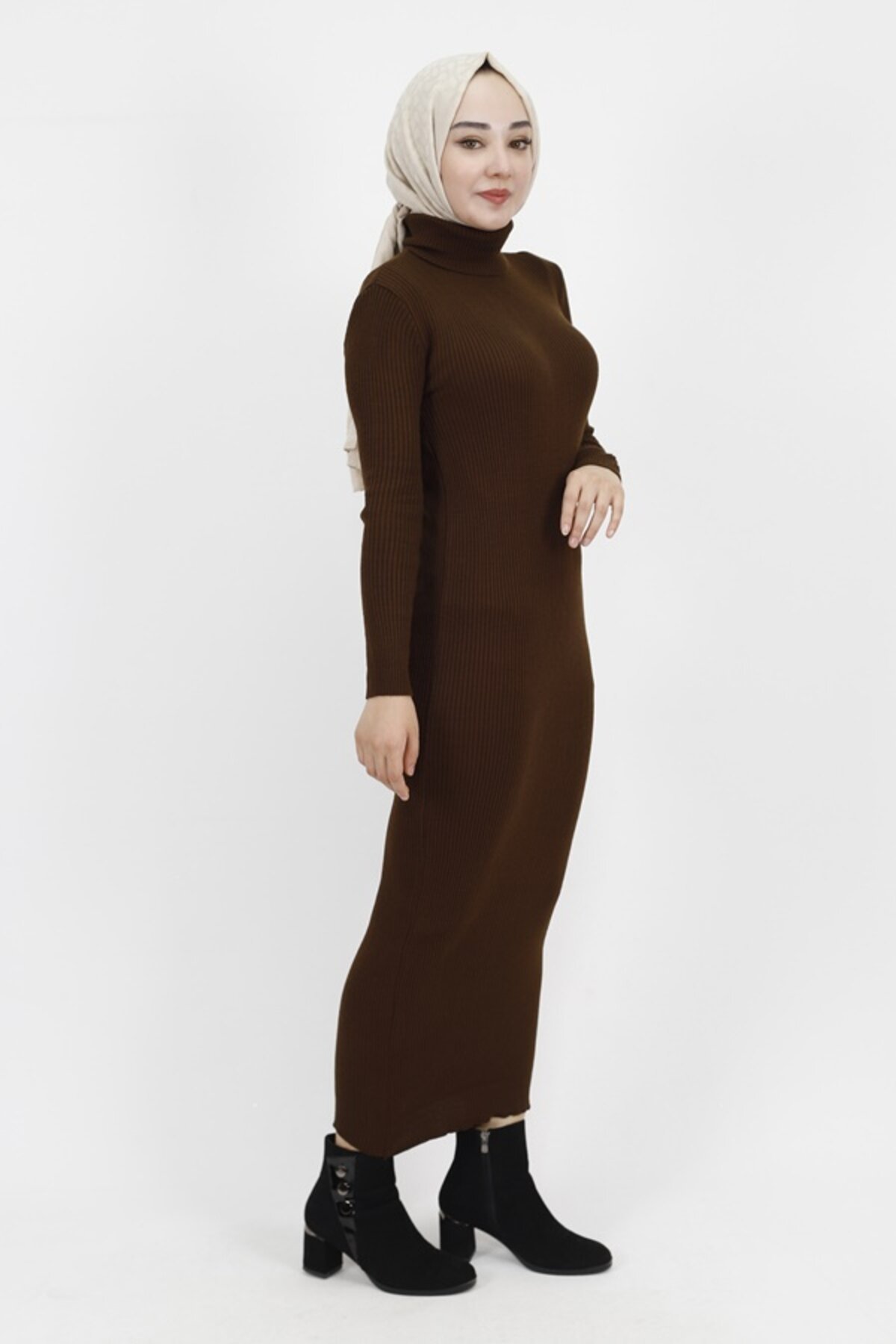 Ribbed Knit Turtleneck Modest Dress - Brown - Bycoolest Butik