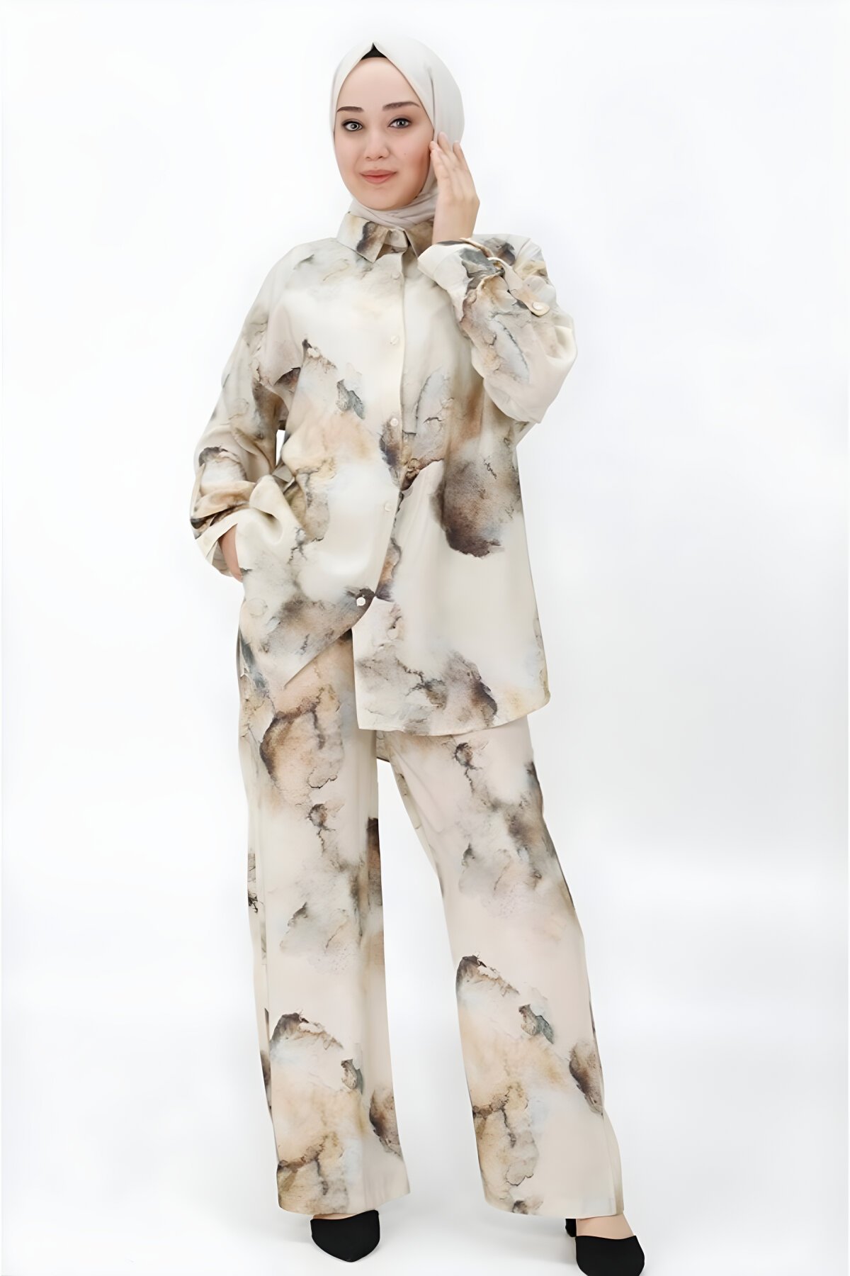Kahve Jessica Kumaş Desenli İkili Tesettür Takım - Bycoolest Butik