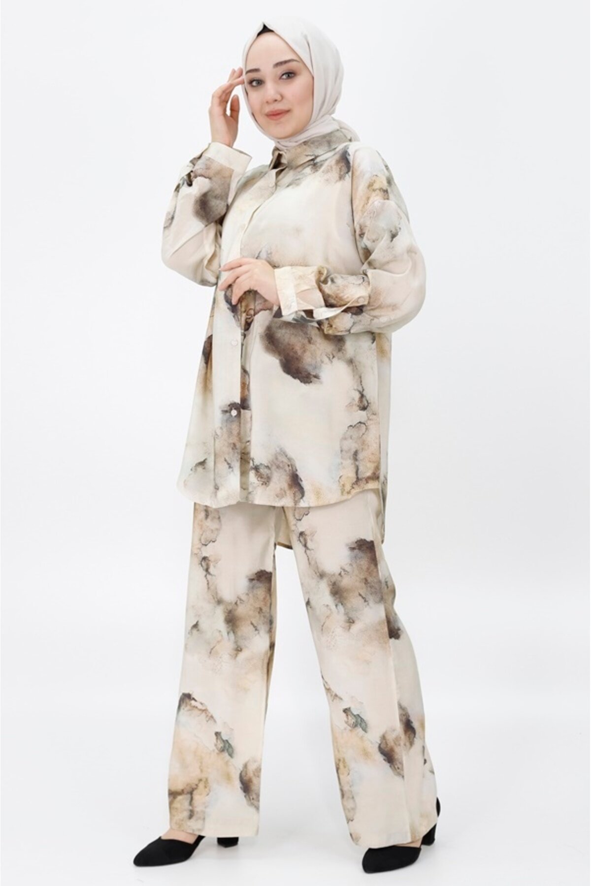 Two-Piece Patterned Jessica Fabric Modest Set - Coffee - Bycoolest Butik