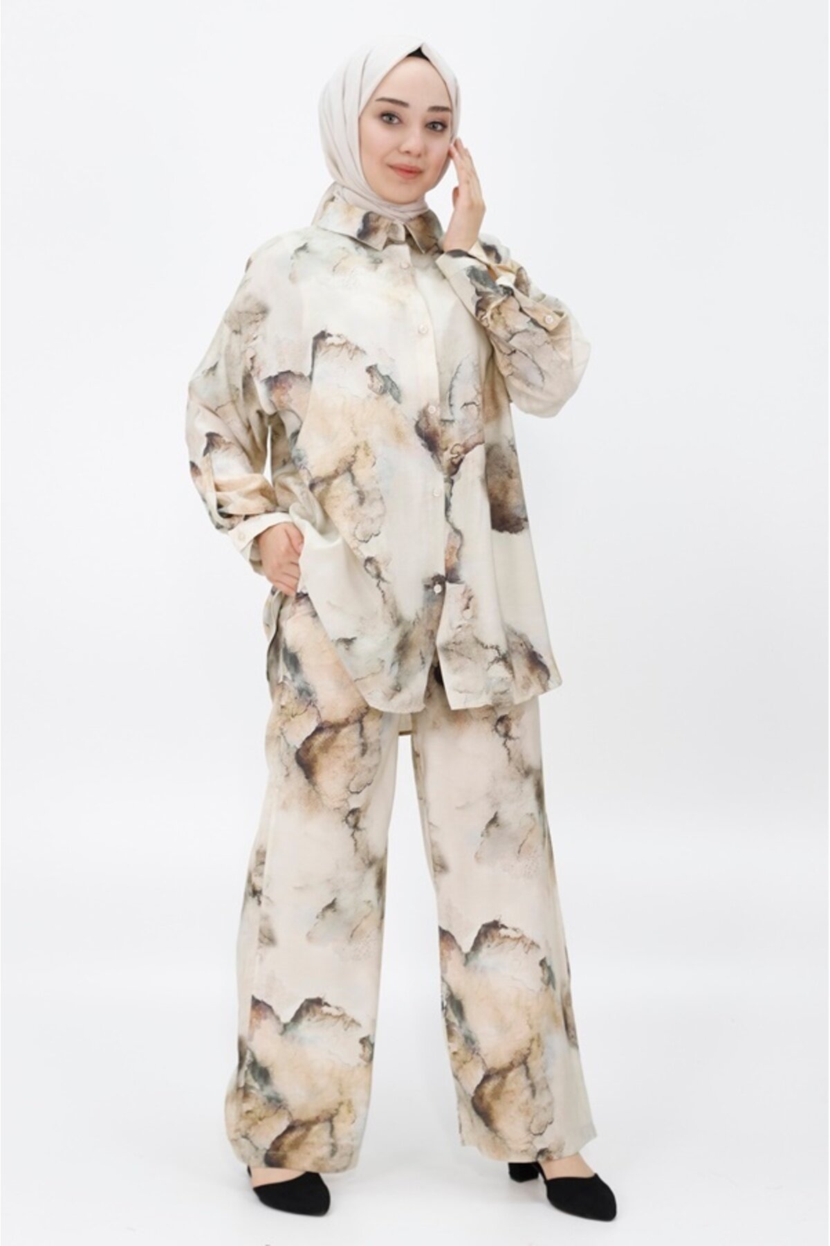 Two-Piece Patterned Jessica Fabric Modest Set - Coffee - Bycoolest Butik