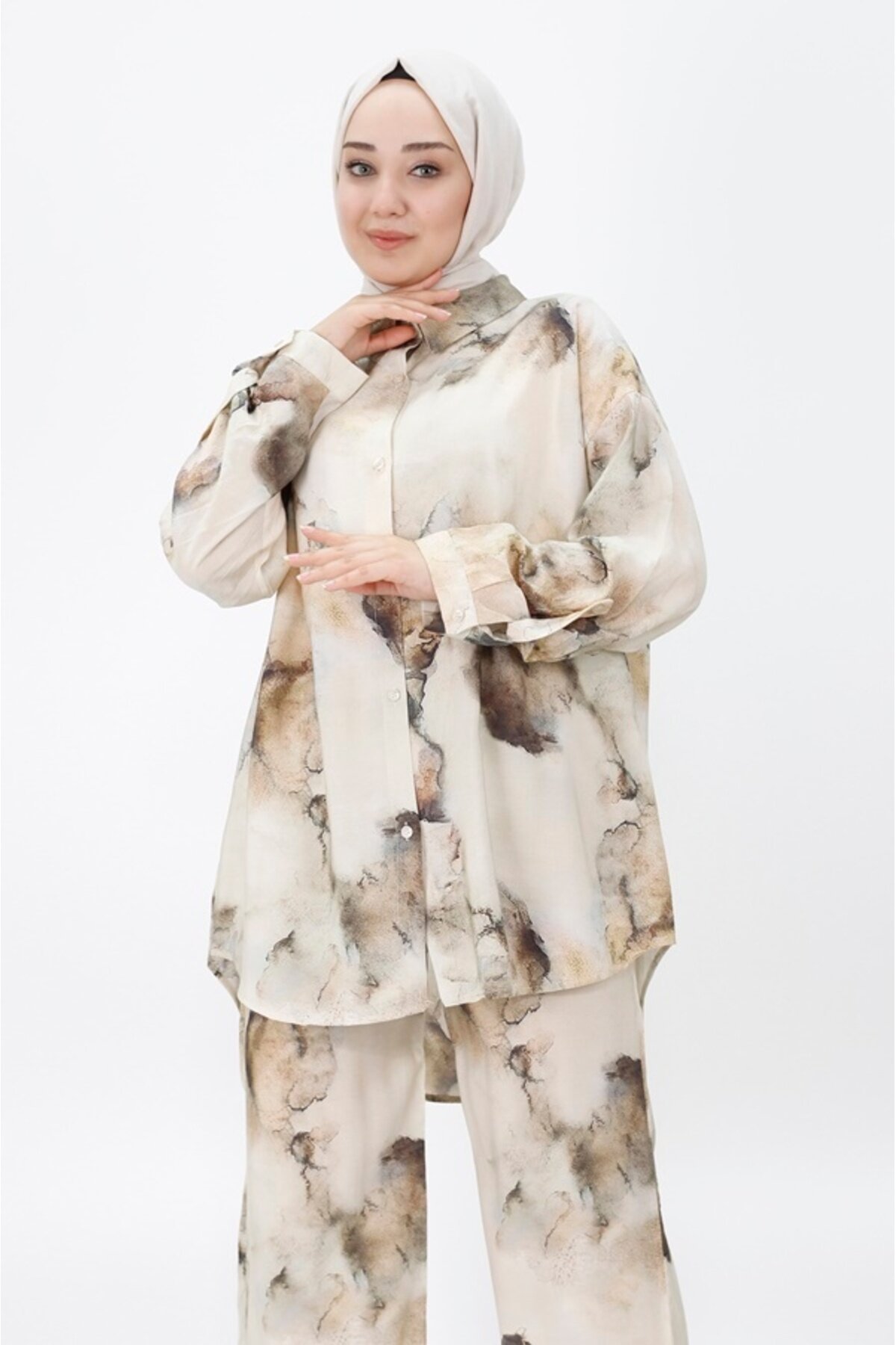 Two-Piece Patterned Jessica Fabric Modest Set - Coffee - Bycoolest Butik