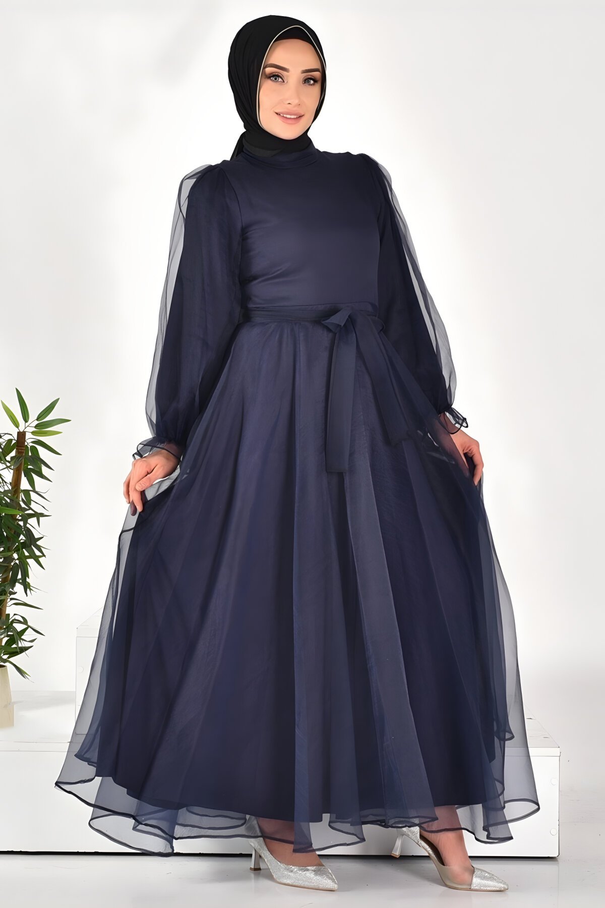 Lacivert Dalya Kumaş Kemerli Tesettür Abiye Elbise - Bycoolest Butik
