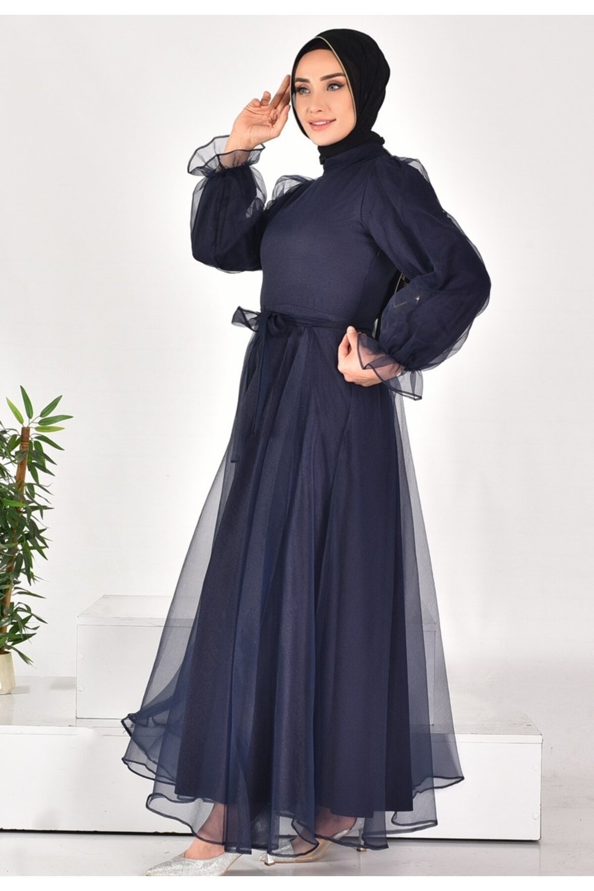 Modest Dalya Fabric Belted Evening Dress - Navy - Bycoolest Butik
