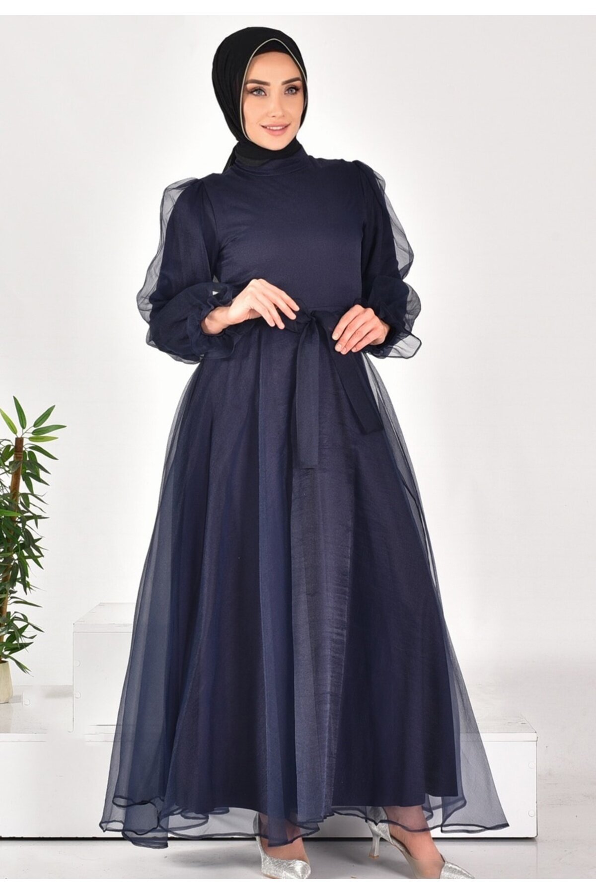 Modest Dalya Fabric Belted Evening Dress - Navy - Bycoolest Butik