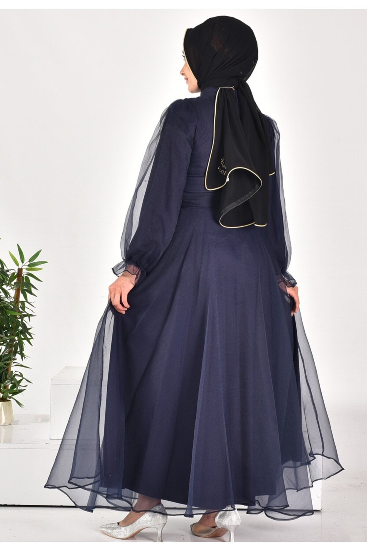 Modest Dalya Fabric Belted Evening Dress - Navy - Bycoolest Butik