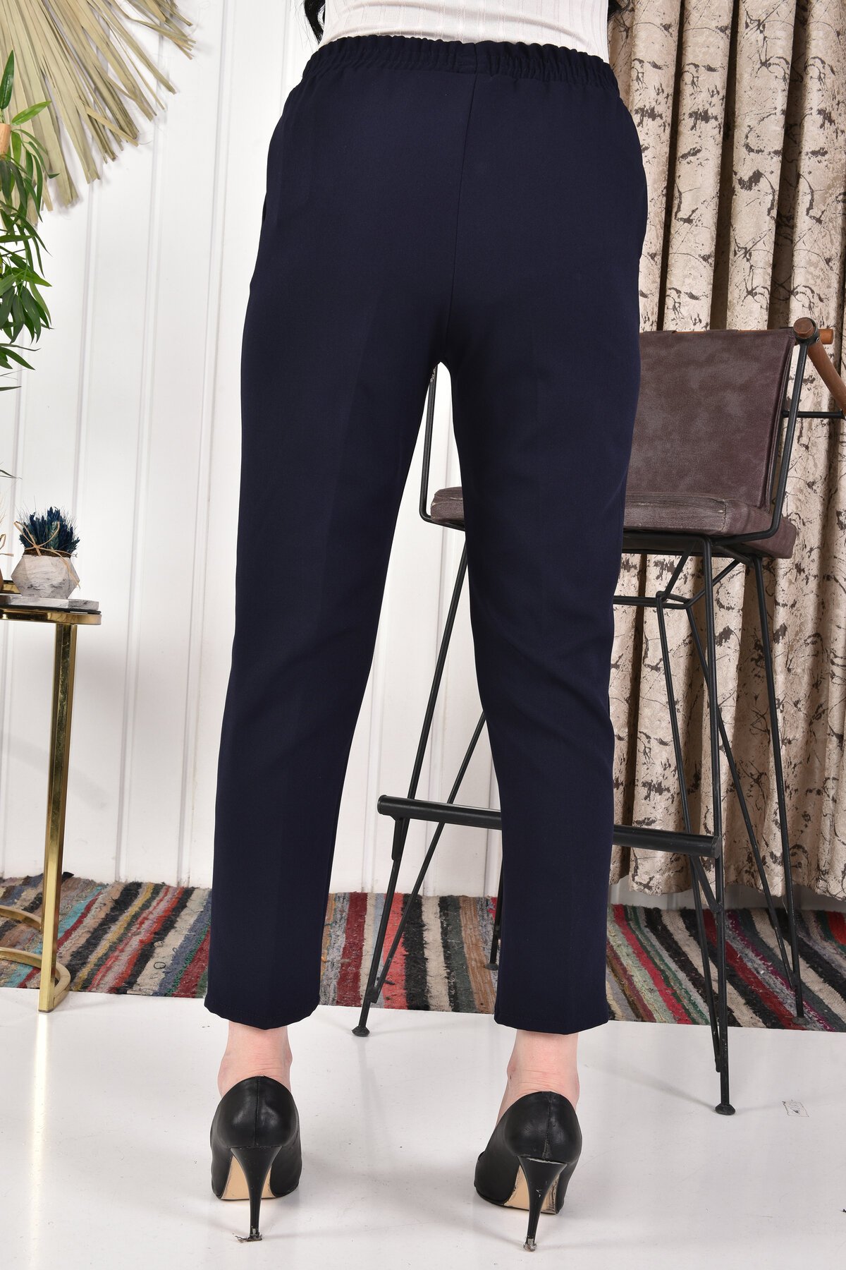 بنطال محتشم كحلي قصة ضيقة خصر مطاطي قماش مزدوج - Bycoolest Butik