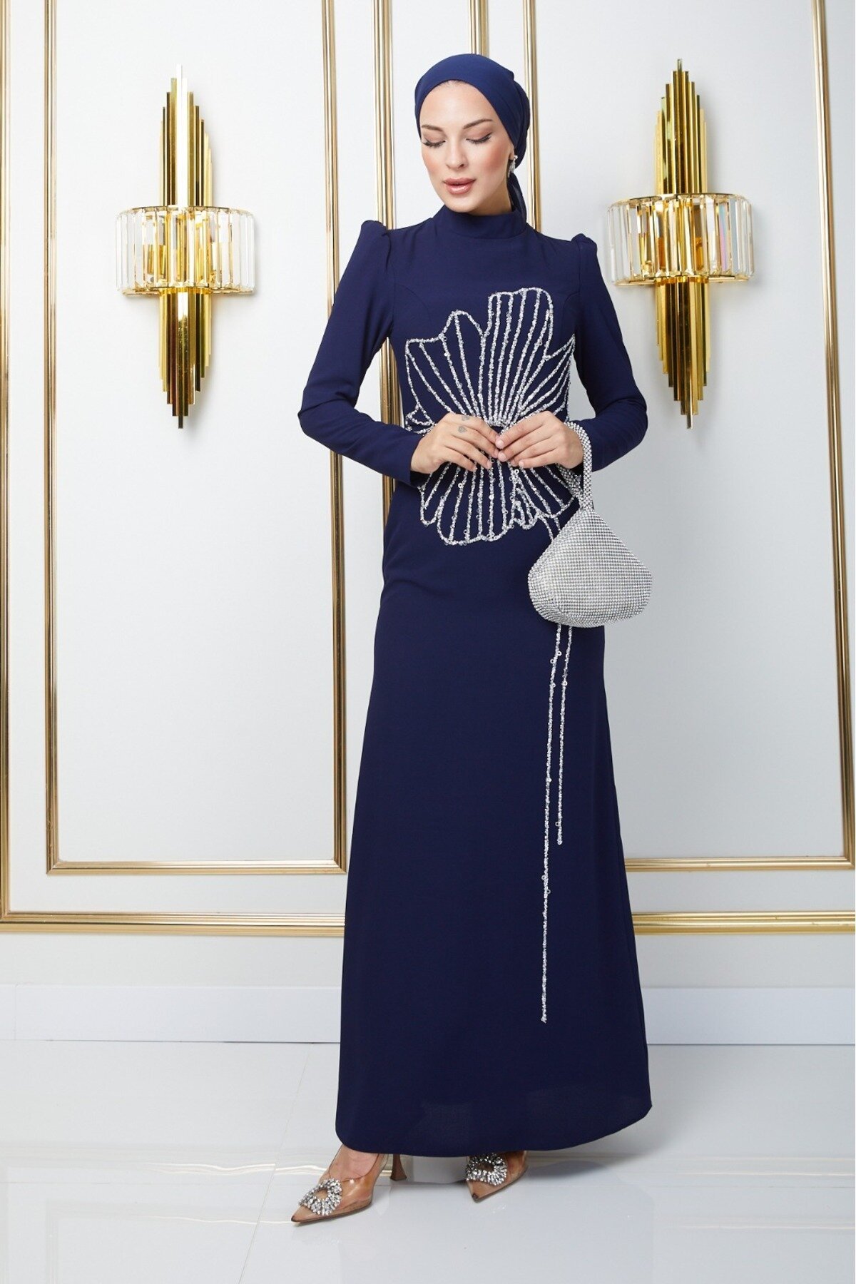 Crepe Stone-Embellished Modest Evening Dress - Navy Blue - Bycoolest Butik