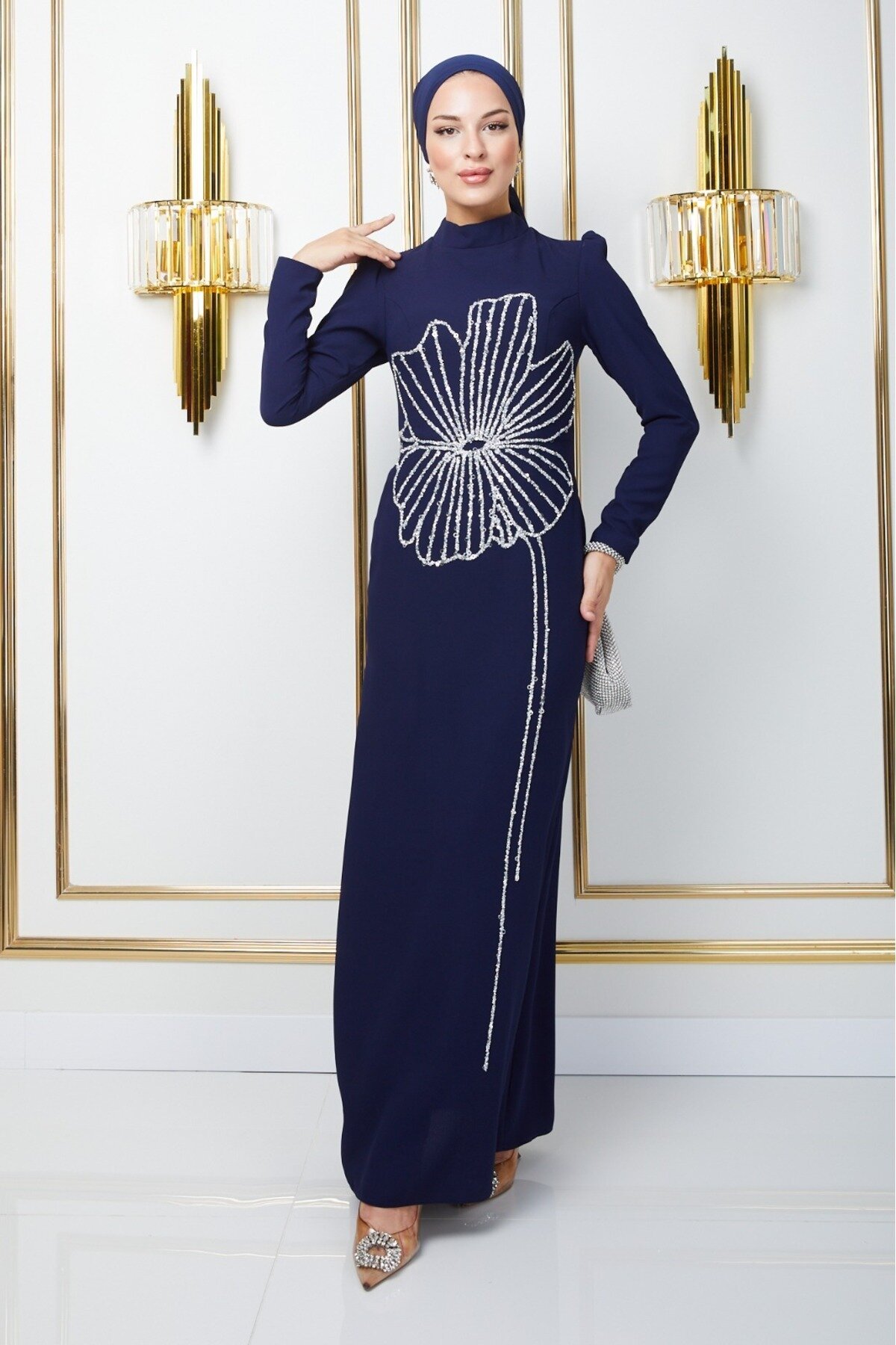 Crepe Stone-Embellished Modest Evening Dress - Navy Blue - Bycoolest Butik