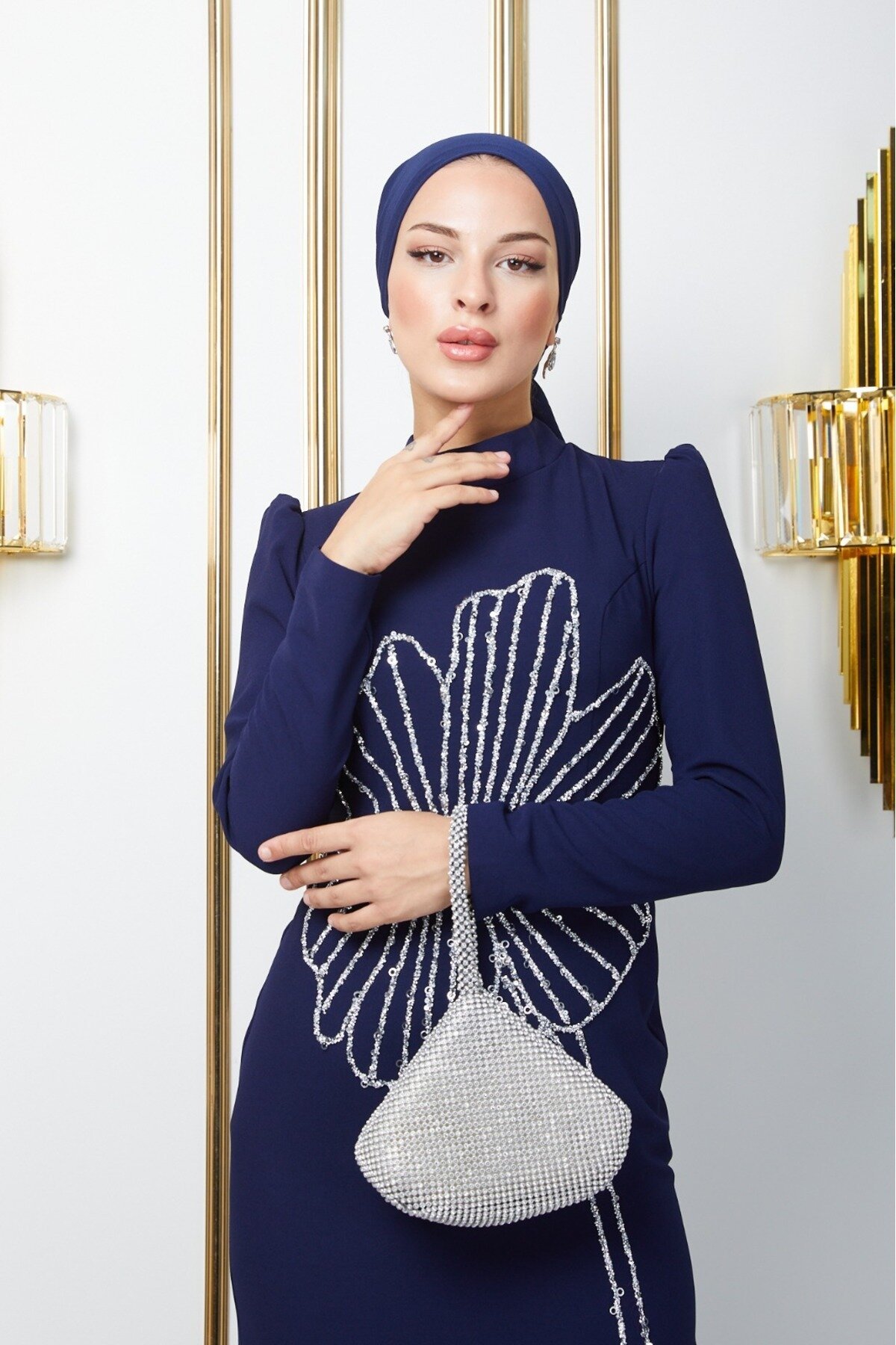 Crepe Stone-Embellished Modest Evening Dress - Navy Blue - Bycoolest Butik