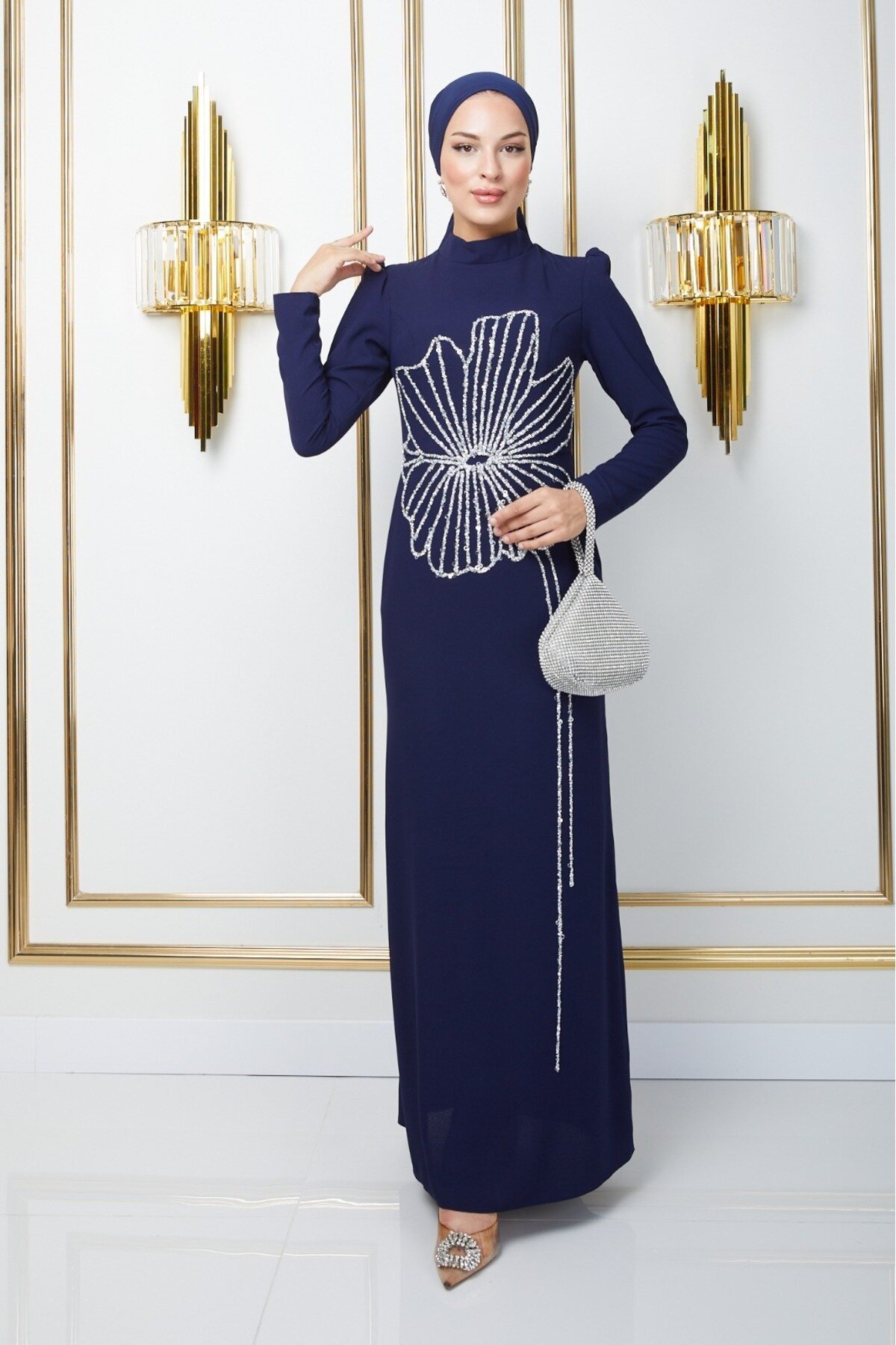 Crepe Stone-Embellished Modest Evening Dress - Navy Blue - Bycoolest Butik