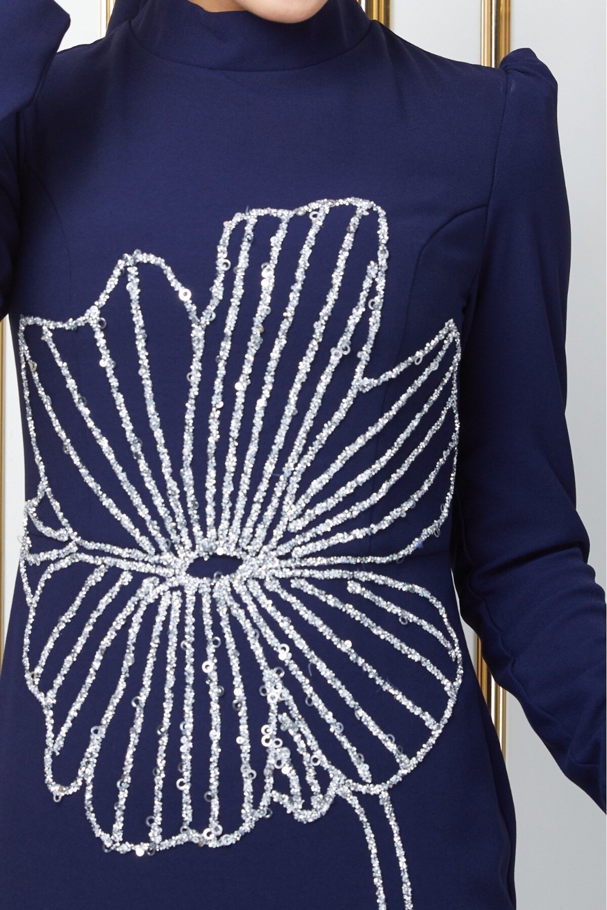 Crepe Stone-Embellished Modest Evening Dress - Navy Blue - Bycoolest Butik