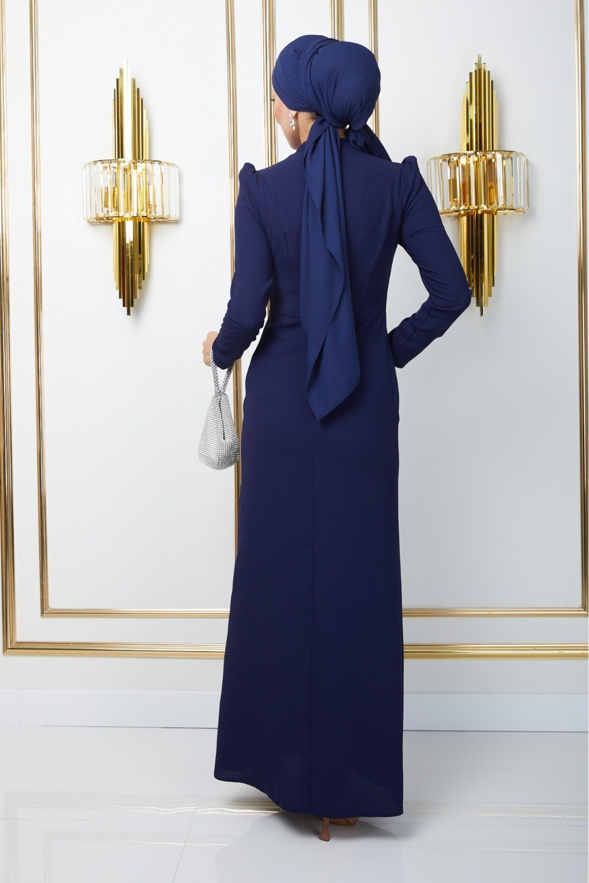 Crepe Stone-Embellished Modest Evening Dress - Navy Blue - Bycoolest Butik