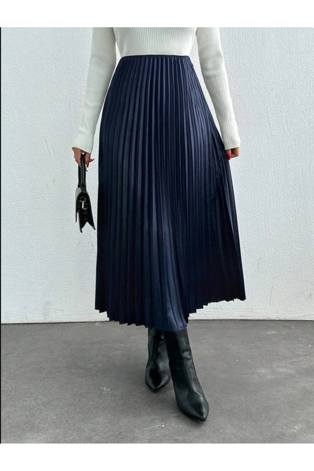 Pleated Faux Leather Modest Skirt - Navy - Bycoolest Butik