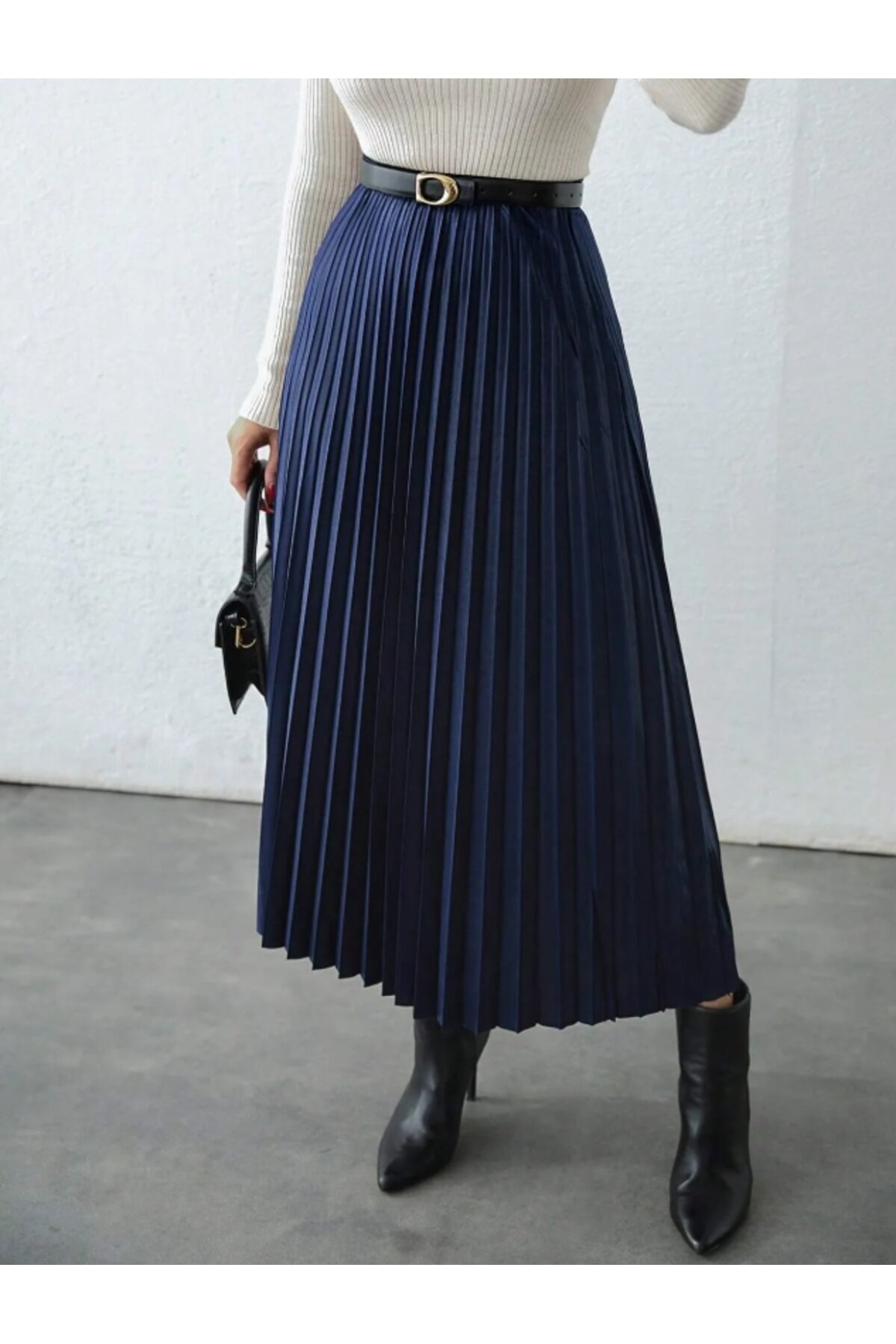 Pleated Faux Leather Modest Skirt - Navy - Bycoolest Butik