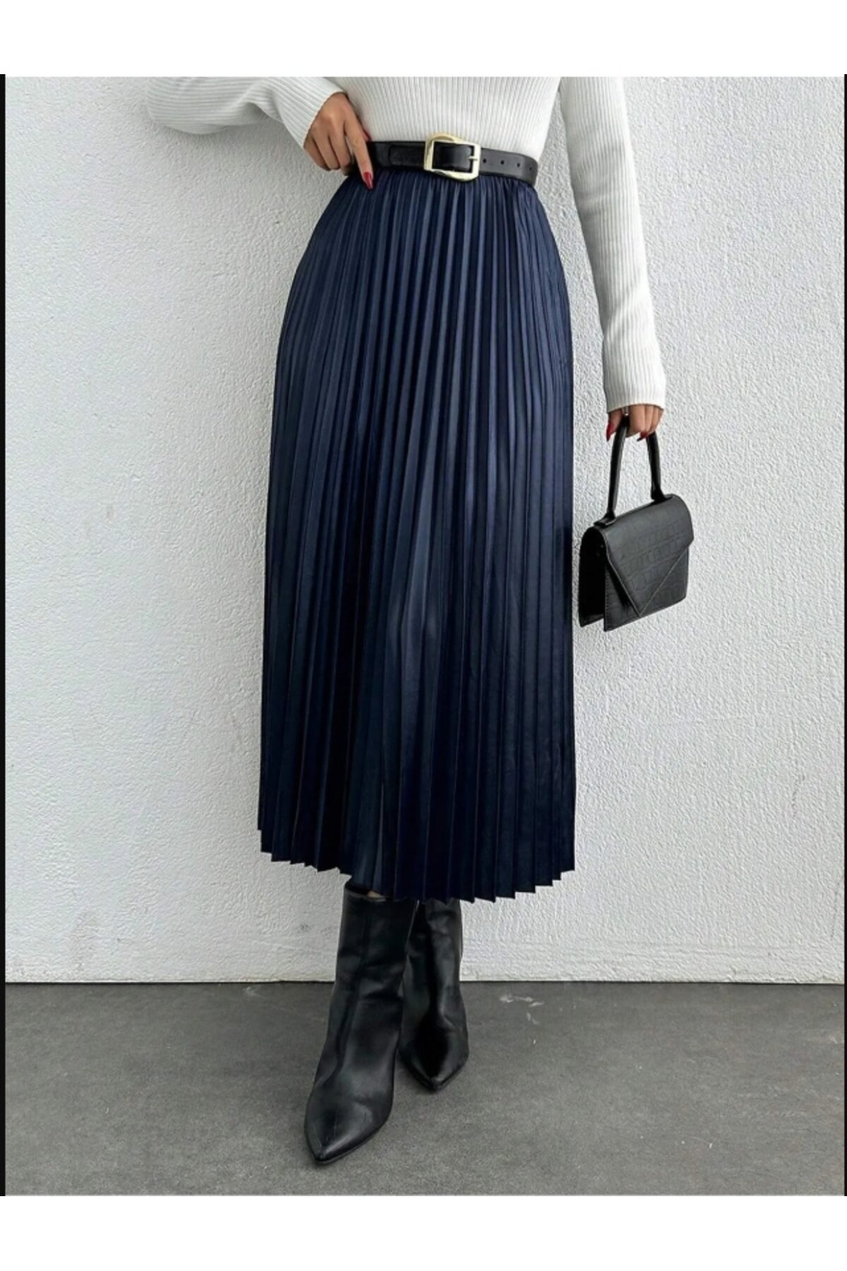 Pleated Faux Leather Modest Skirt - Navy - Bycoolest Butik