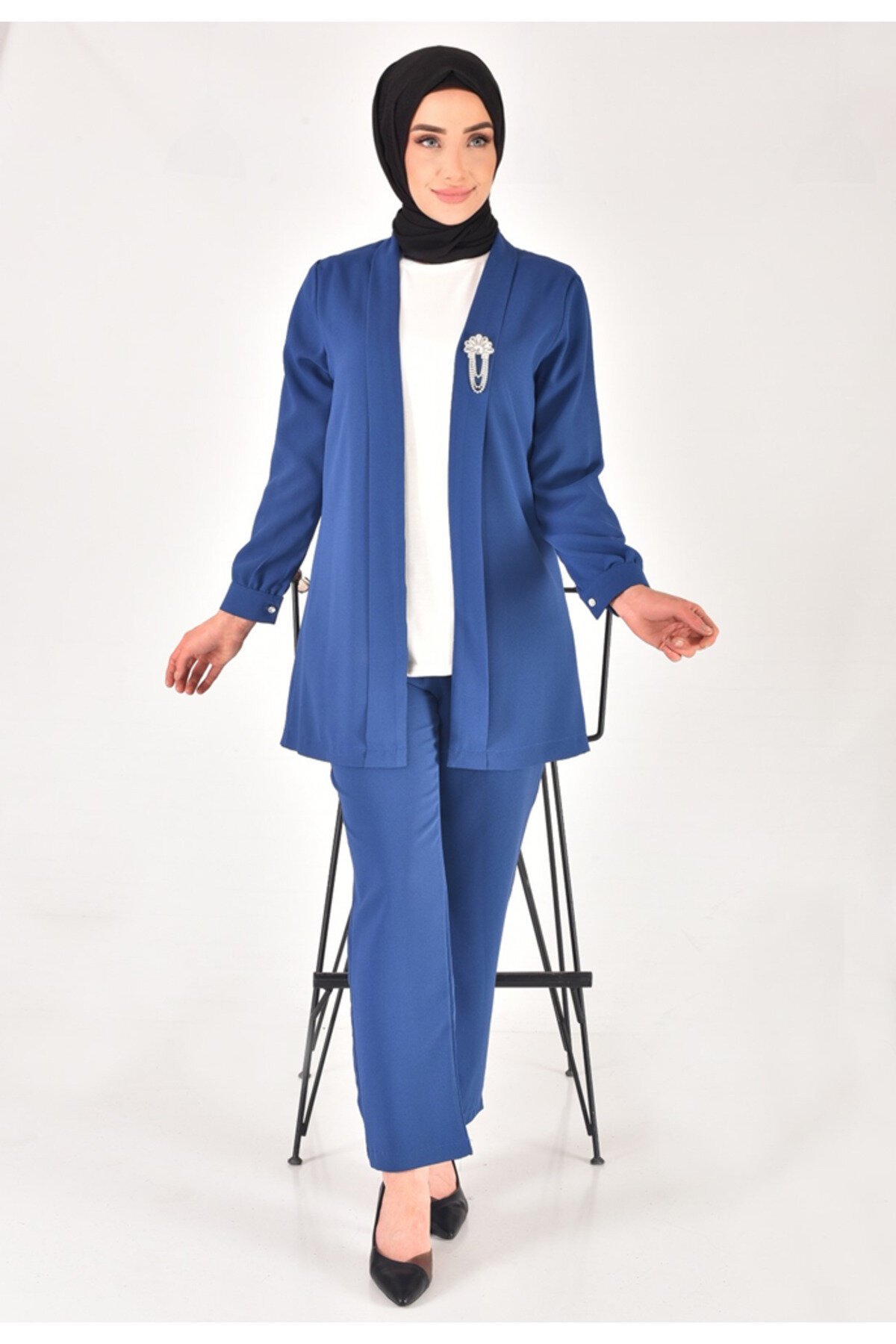 Three-Piece Crepe Modest Set with Stone Detail - Blue - Bycoolest Butik