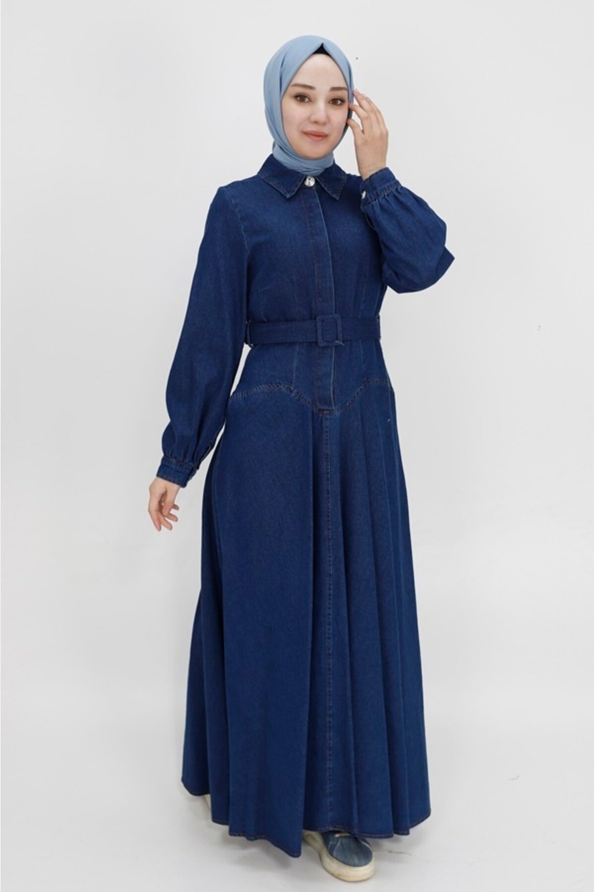 Mavi Uzun Kot Kumaş Kemerli Gömlek Yaka Tesettür Elbise - Bycoolest Butik