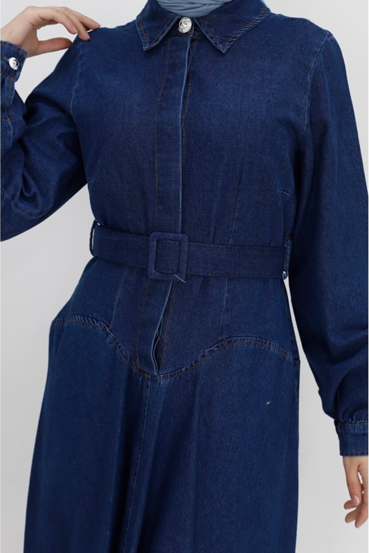 Mavi Uzun Kot Kumaş Kemerli Gömlek Yaka Tesettür Elbise - Bycoolest Butik
