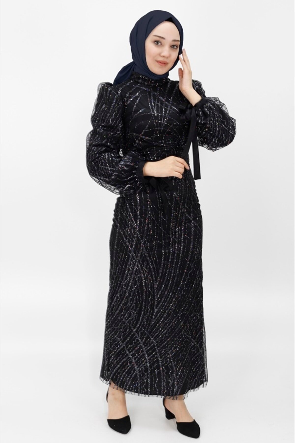 فستان سهرة أسود من التول اللامع بأكمام بالون - Bycoolest Butik
