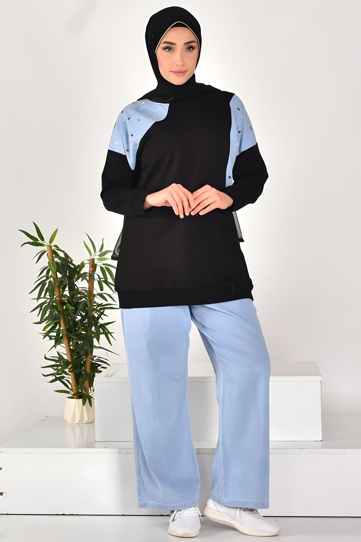 Siyah İkili Kot Garnili İki İplik Tesettür Takım - Bycoolest Butik