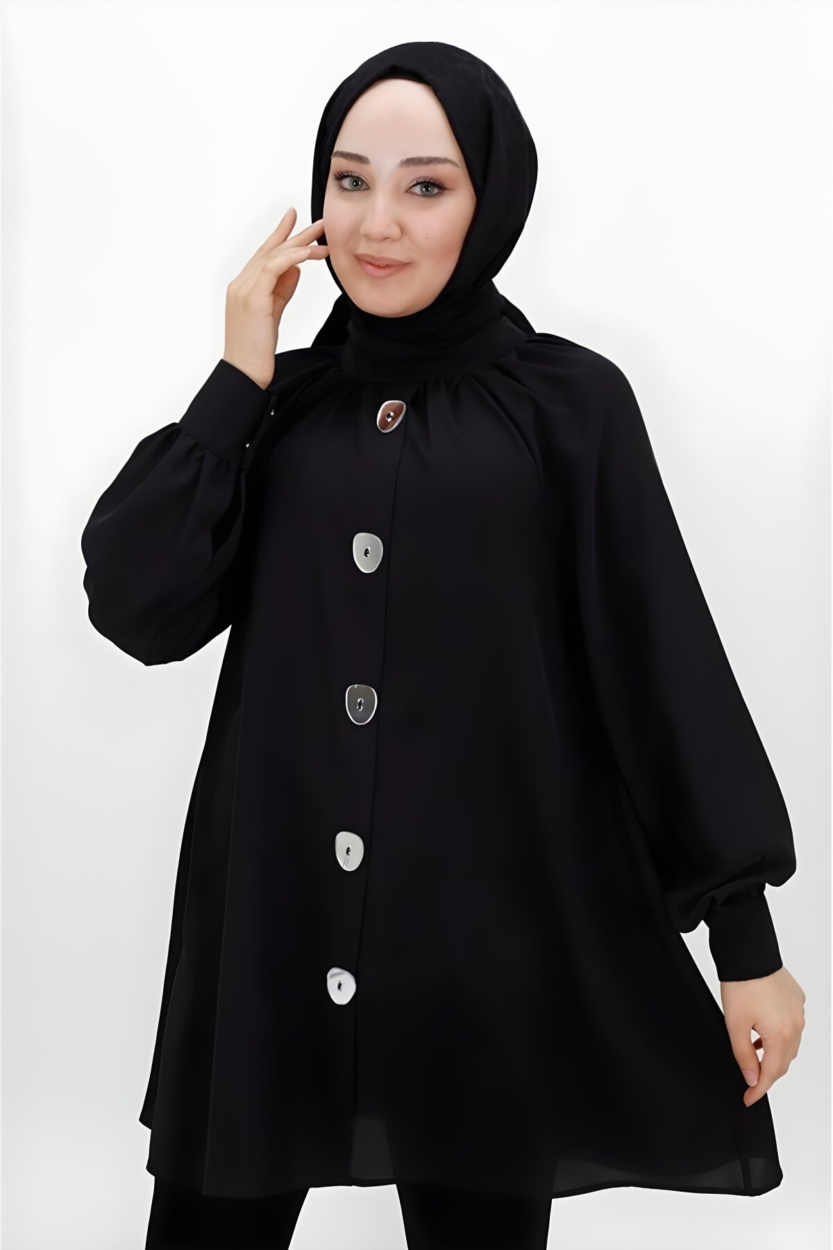 Siyah Jessica Kumaş Ayna Düğme Detaylı Tesettür Tunik - Bycoolest Butik