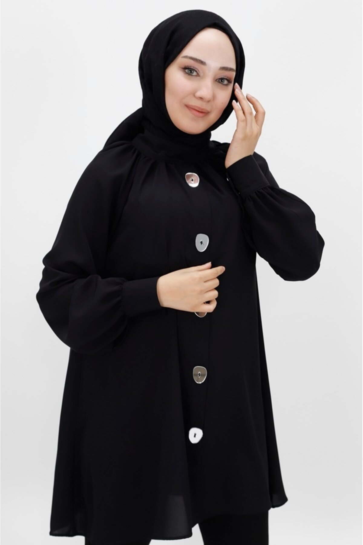 Jessica Fabric Mirror Button Detail Modest Tunic - Black - Bycoolest Butik