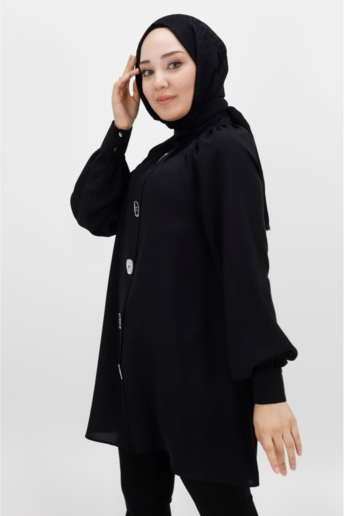 Jessica Fabric Mirror Button Detail Modest Tunic - Black - Bycoolest Butik