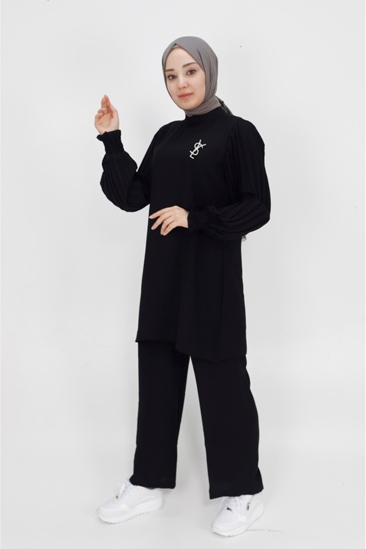 Crepe Pleated-Sleeve Two-Piece Modest Set - Black - Bycoolest Butik