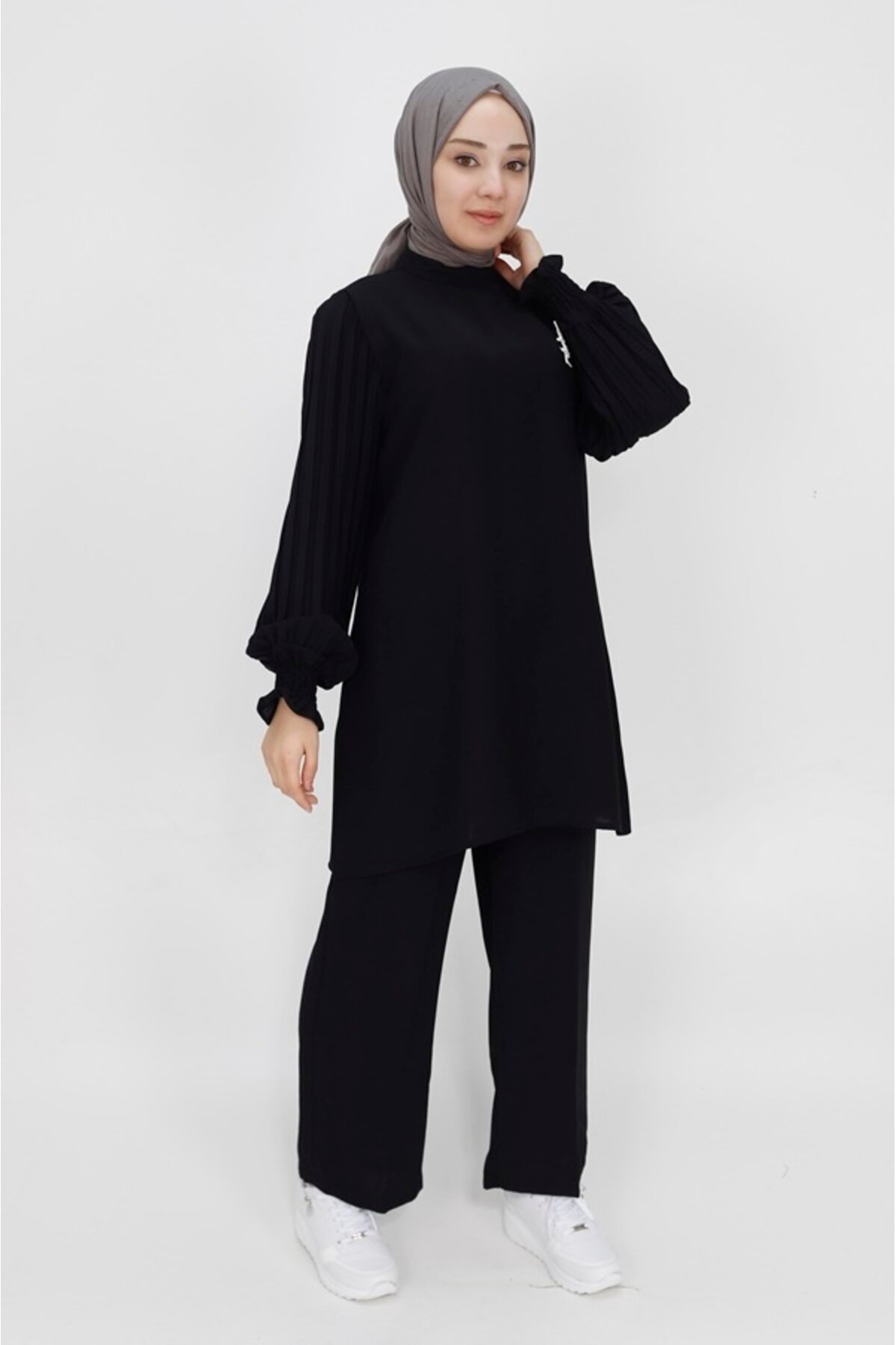 Crepe Pleated-Sleeve Two-Piece Modest Set - Black - Bycoolest Butik