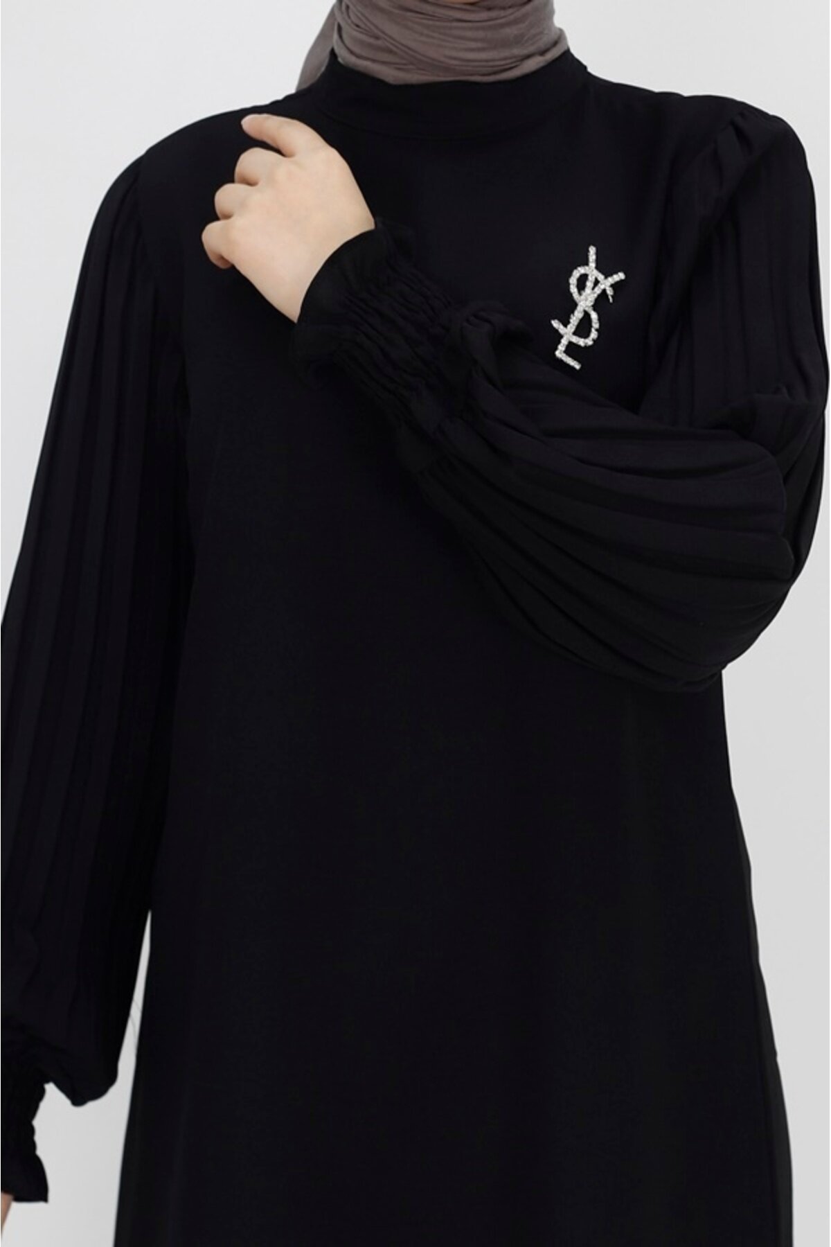 Crepe Pleated-Sleeve Two-Piece Modest Set - Black - Bycoolest Butik