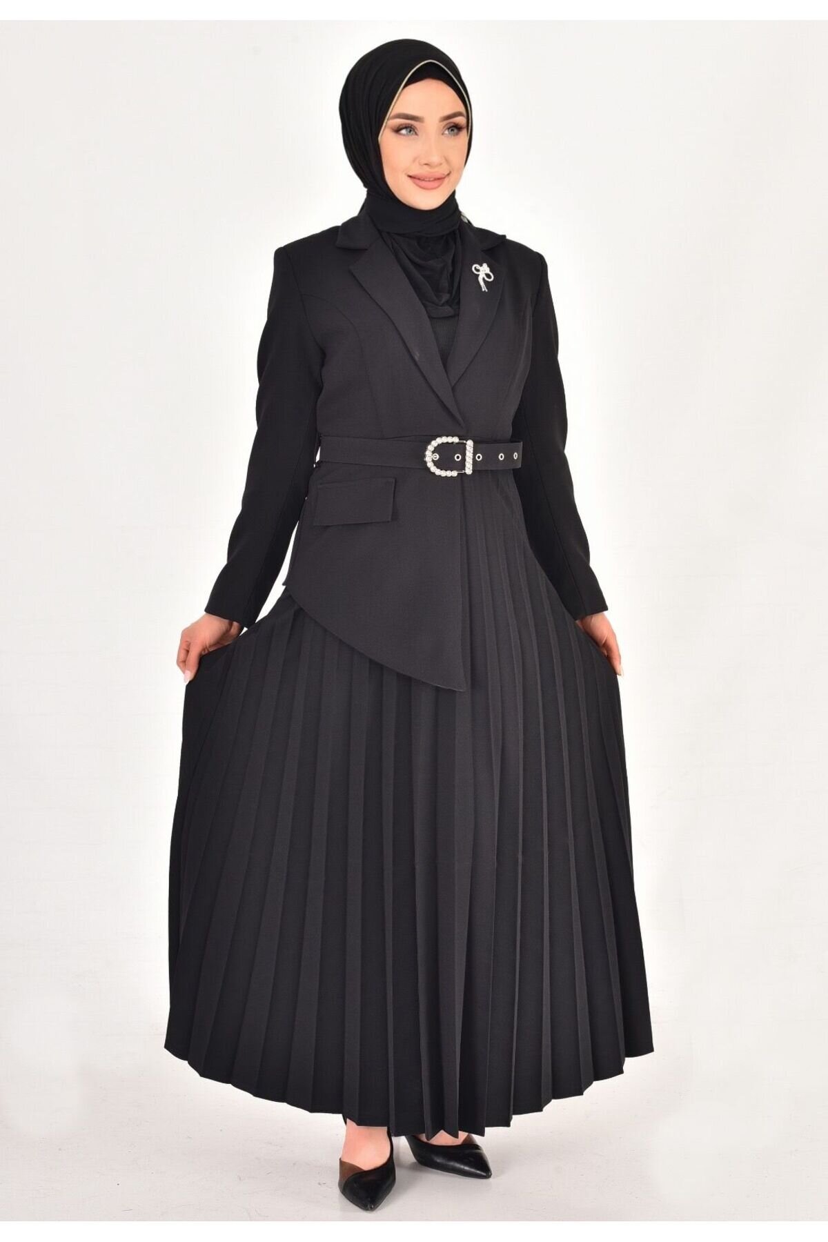 Pleated Skirt Wrap Neck Modest Dress - Black - Bycoolest Butik