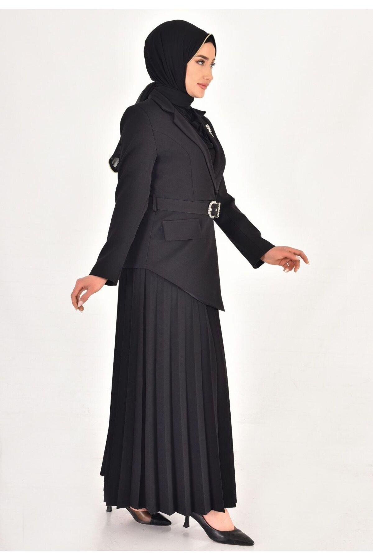 Pleated Skirt Wrap Neck Modest Dress - Black - Bycoolest Butik