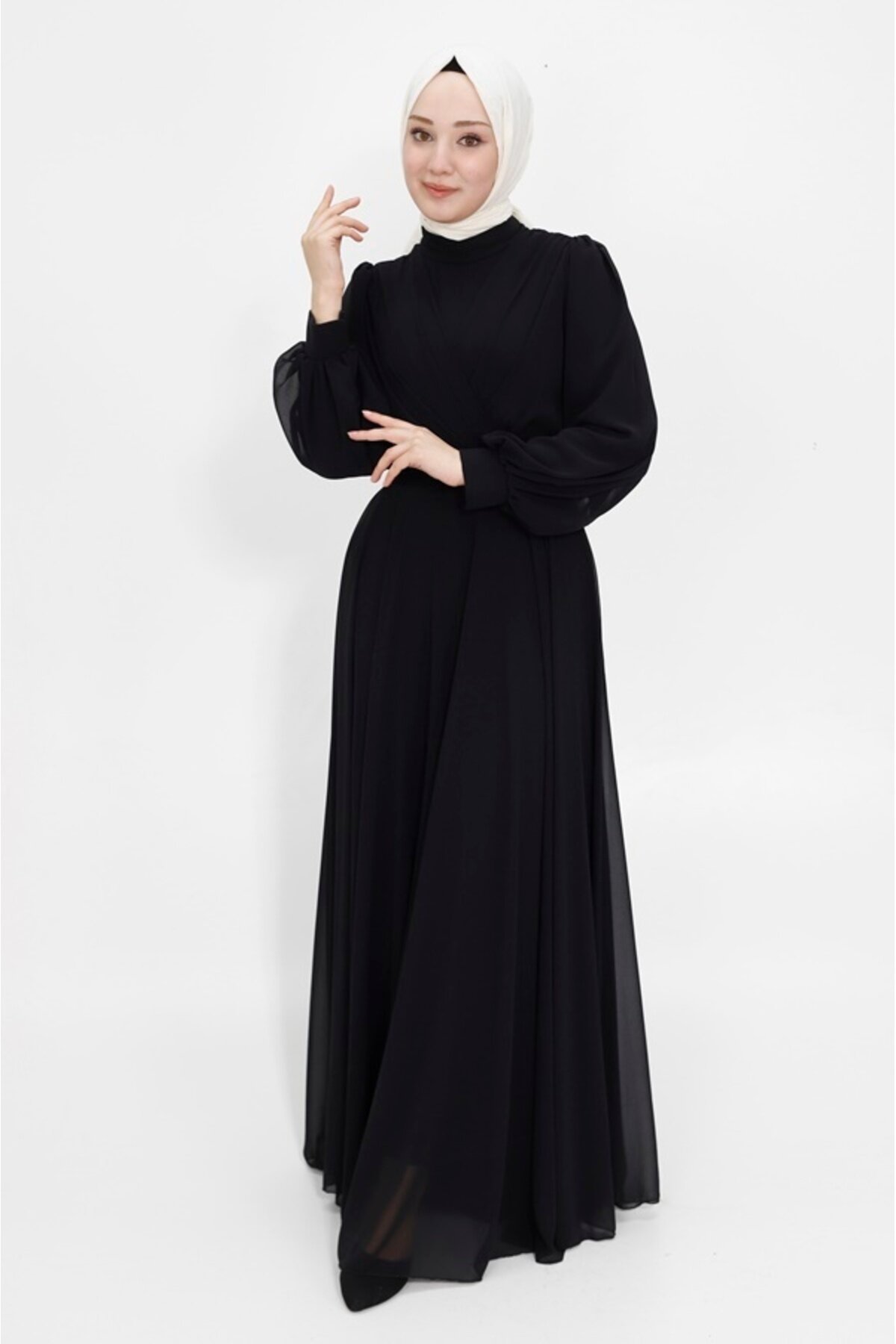 Modest Chiffon Wrap-Neck Evening Dress - Black - Bycoolest Butik