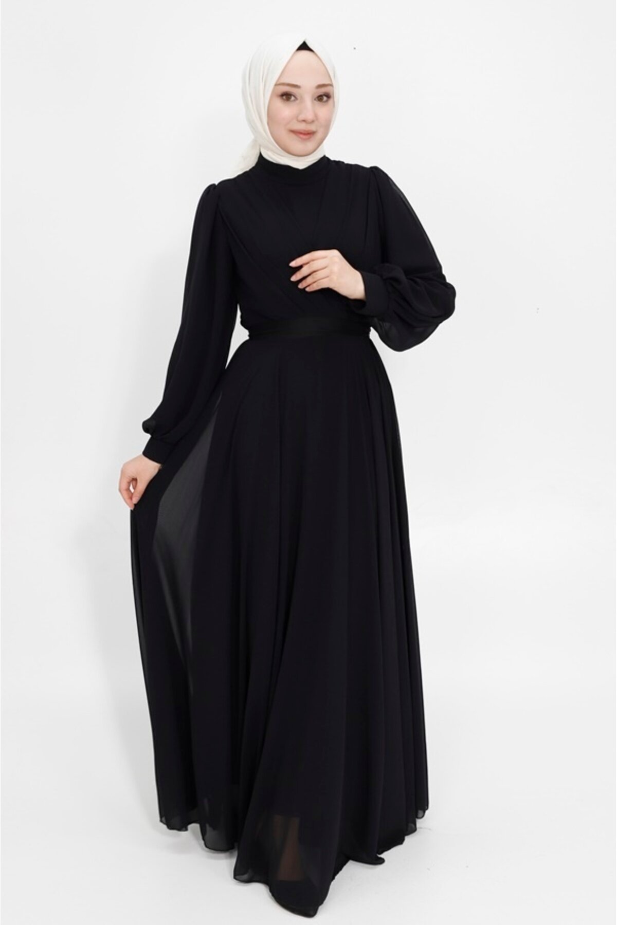 Modest Chiffon Wrap-Neck Evening Dress - Black - Bycoolest Butik