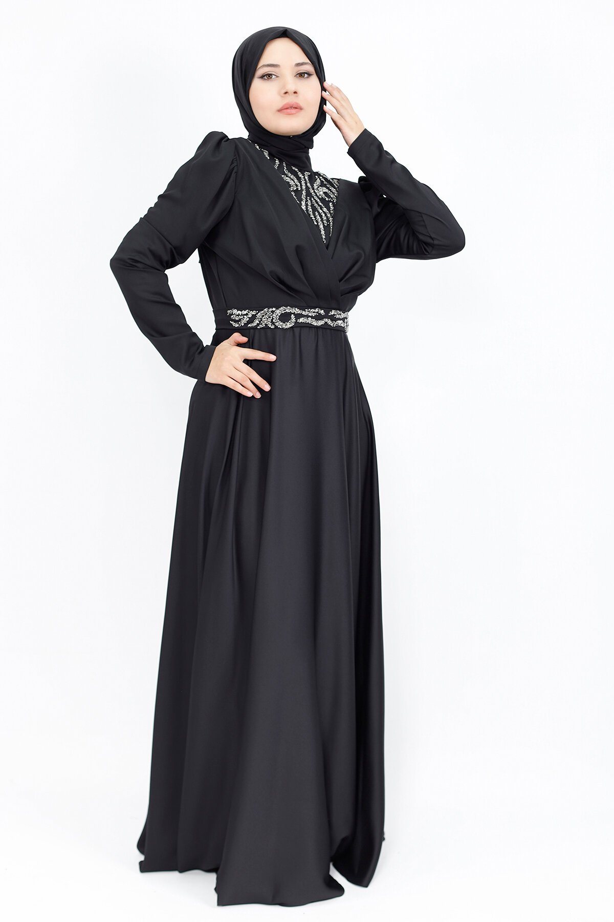 Satin Faux-Wrap Stone Print Modest Evening Dress - Black - Bycoolest Butik