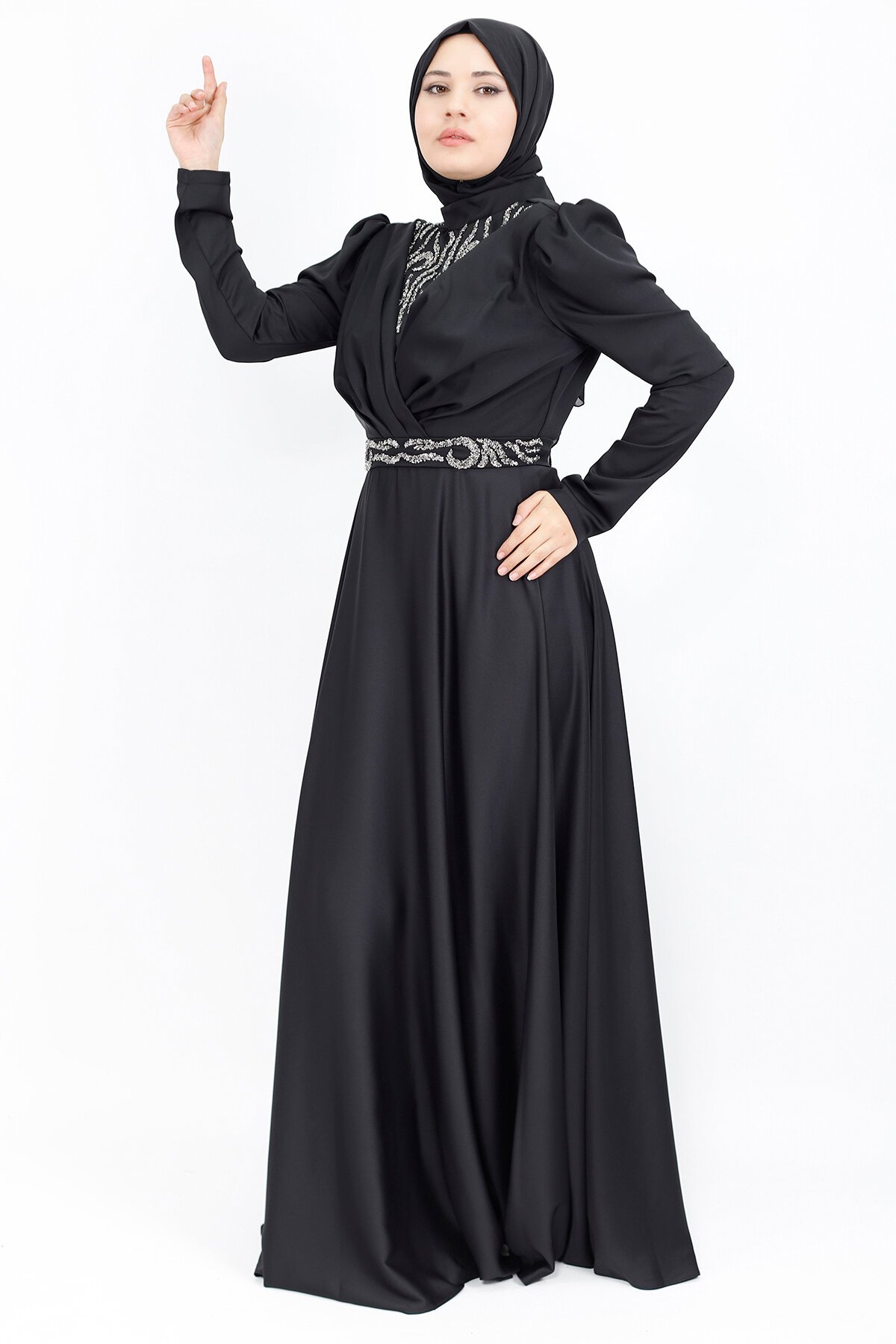 Satin Faux-Wrap Stone Print Modest Evening Dress - Black - Bycoolest Butik