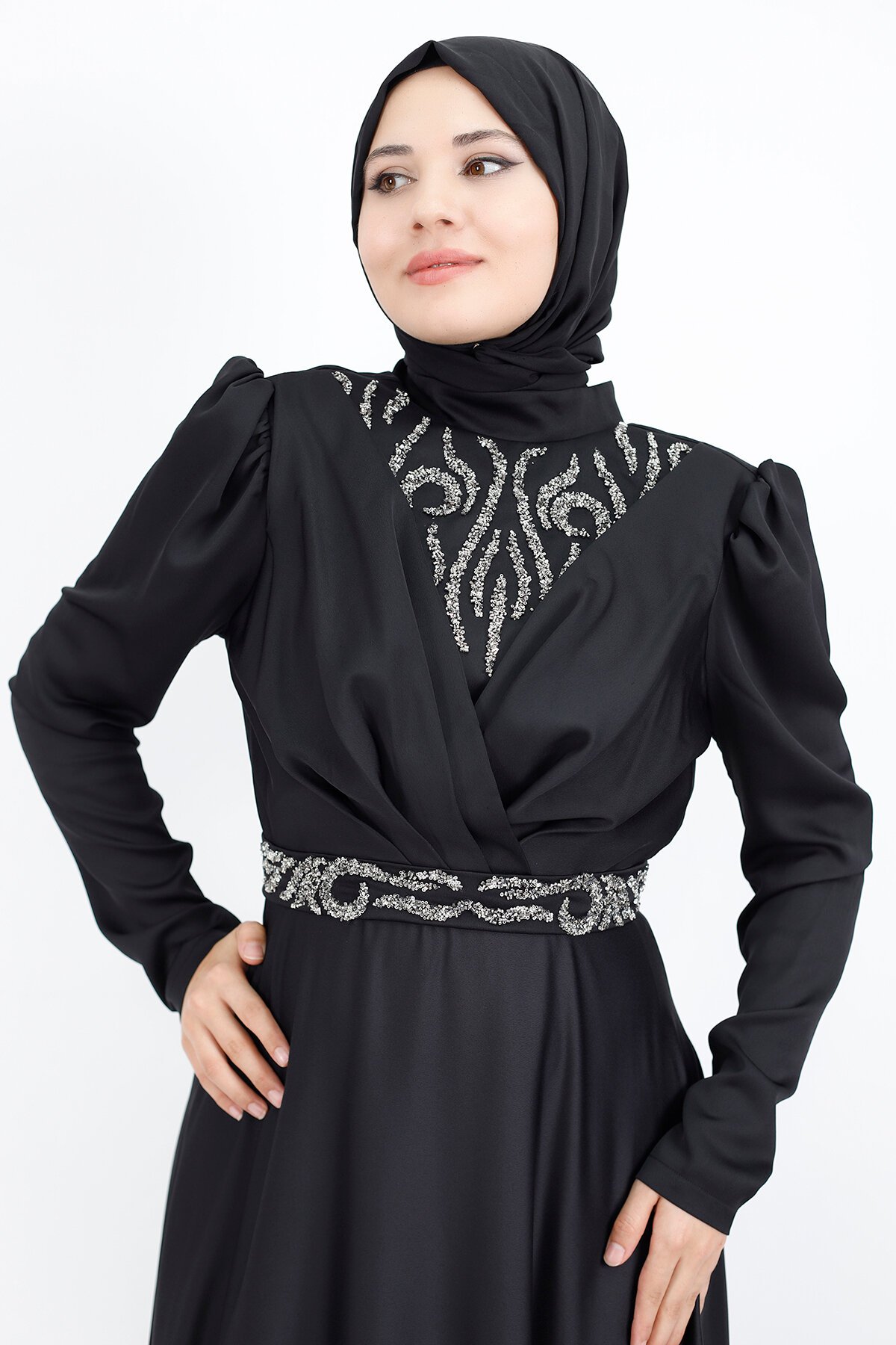 Satin Faux-Wrap Stone Print Modest Evening Dress - Black - Bycoolest Butik