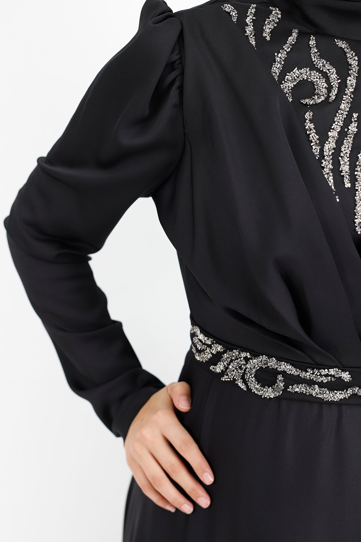 Satin Faux-Wrap Stone Print Modest Evening Dress - Black - Bycoolest Butik