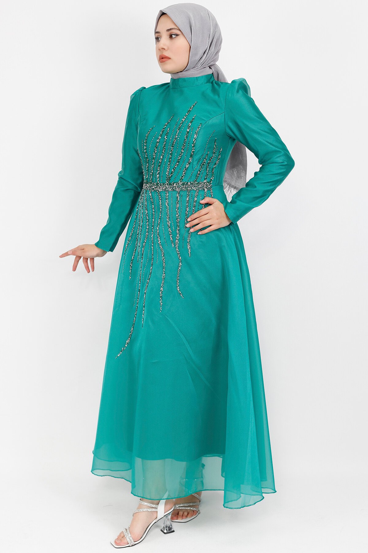 Tulle Front Stone Detail Modest Evening Dress - Green - Bycoolest Butik