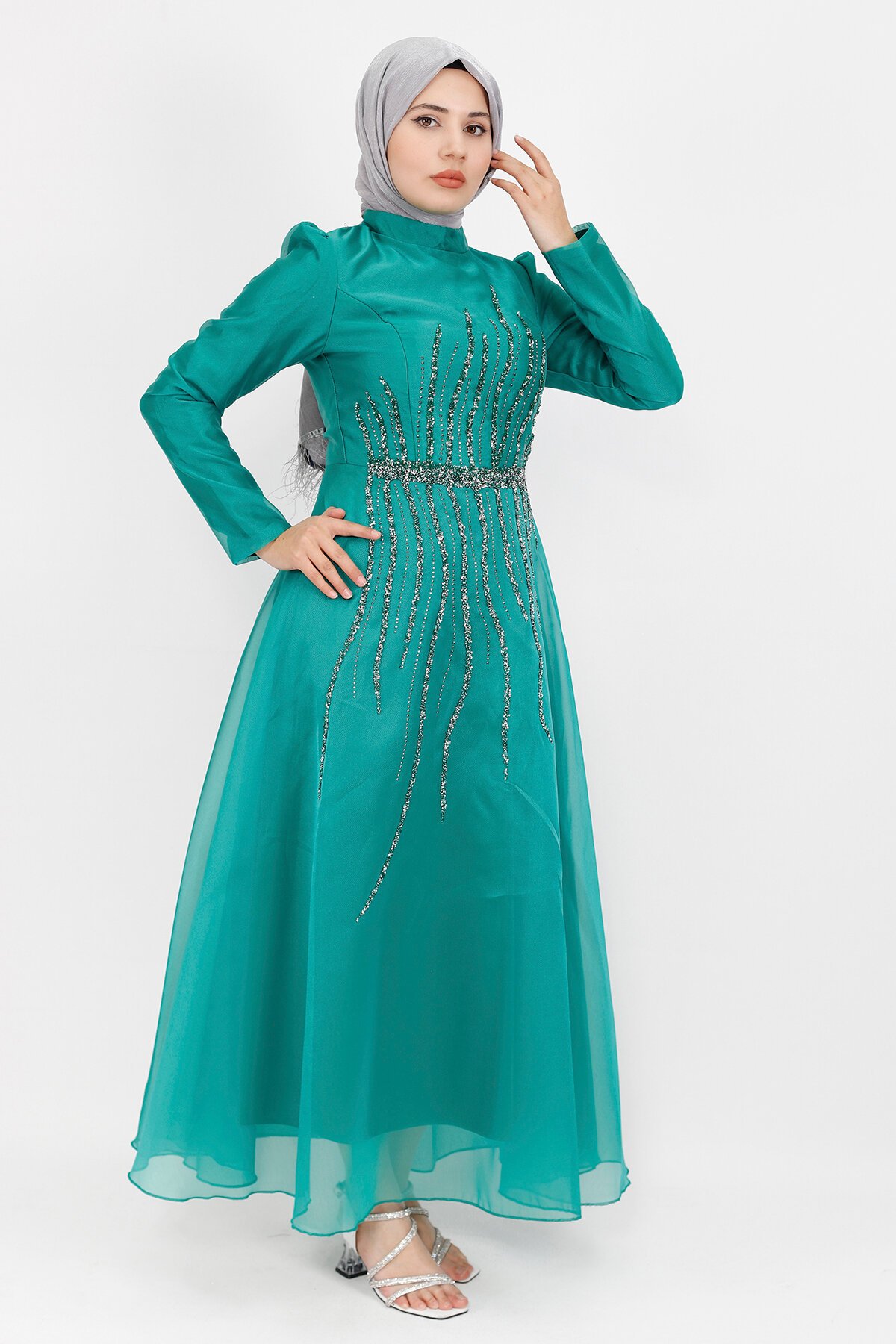 Tulle Front Stone Detail Modest Evening Dress - Green - Bycoolest Butik