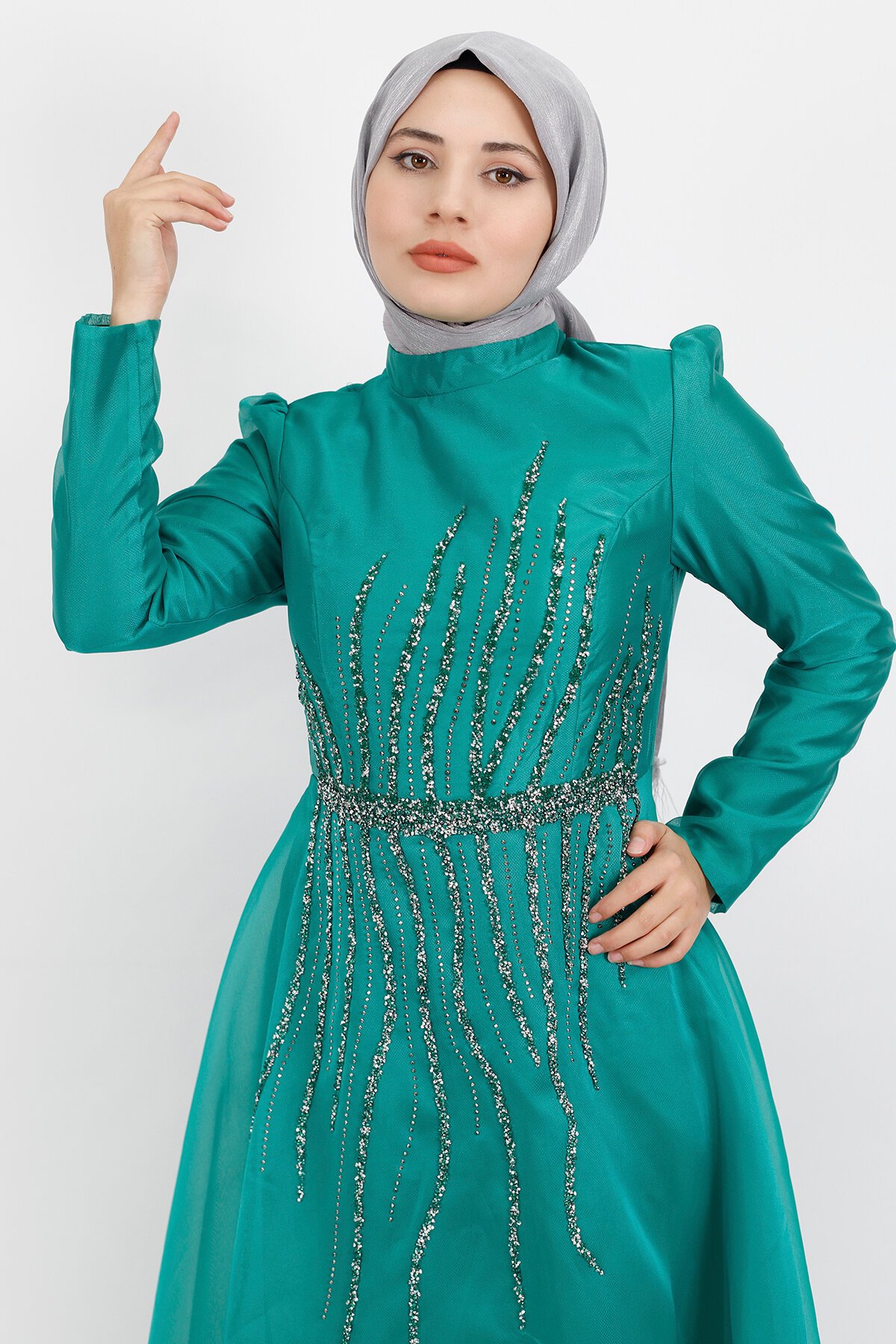 Tulle Front Stone Detail Modest Evening Dress - Green - Bycoolest Butik