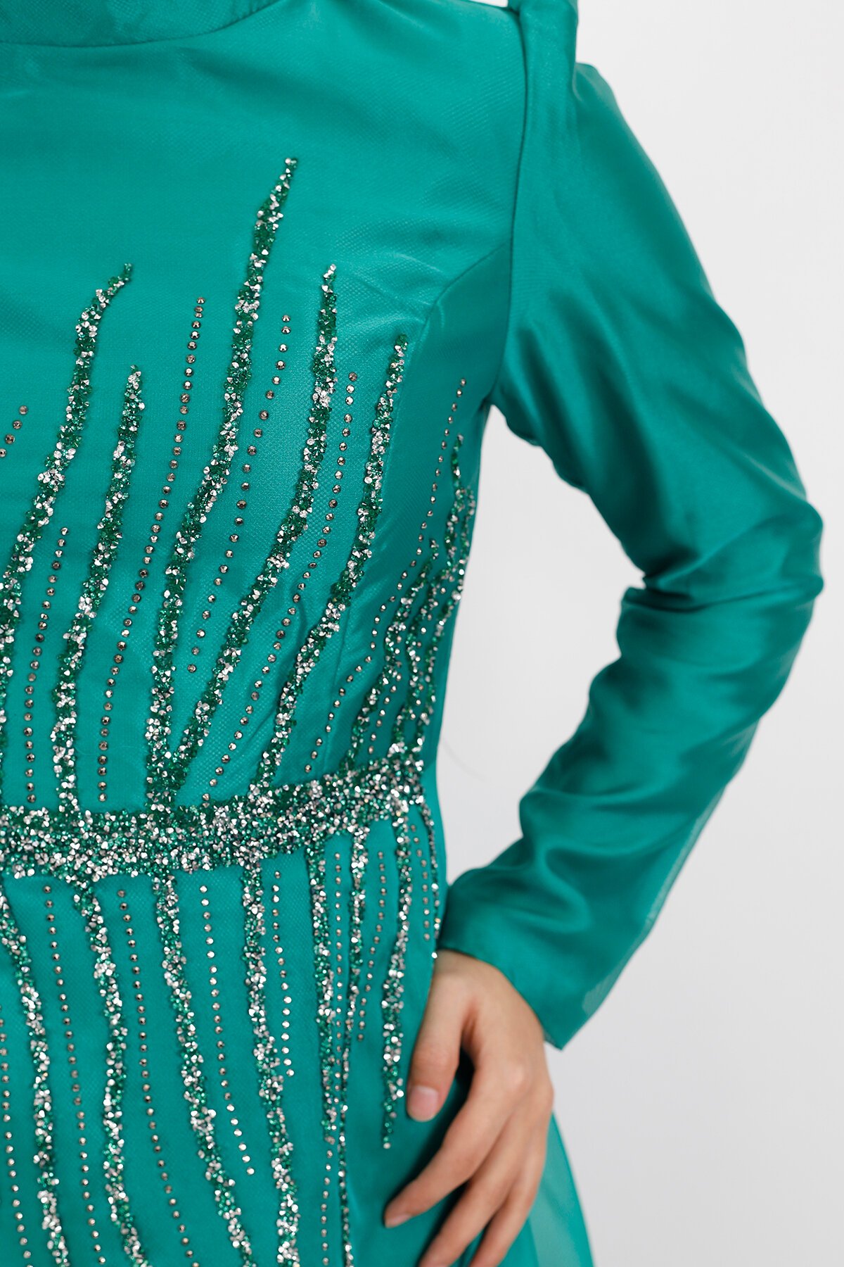 Tulle Front Stone Detail Modest Evening Dress - Green - Bycoolest Butik