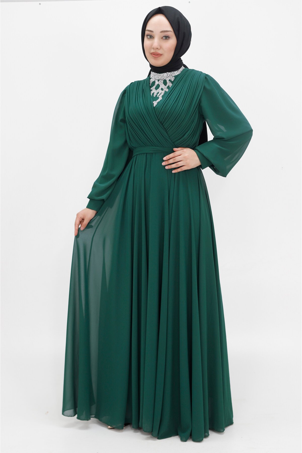 Chiffon Faux Wrap-Neck Stone Embellished Modest Evening Dress - Emerald Green - Bycoolest Butik