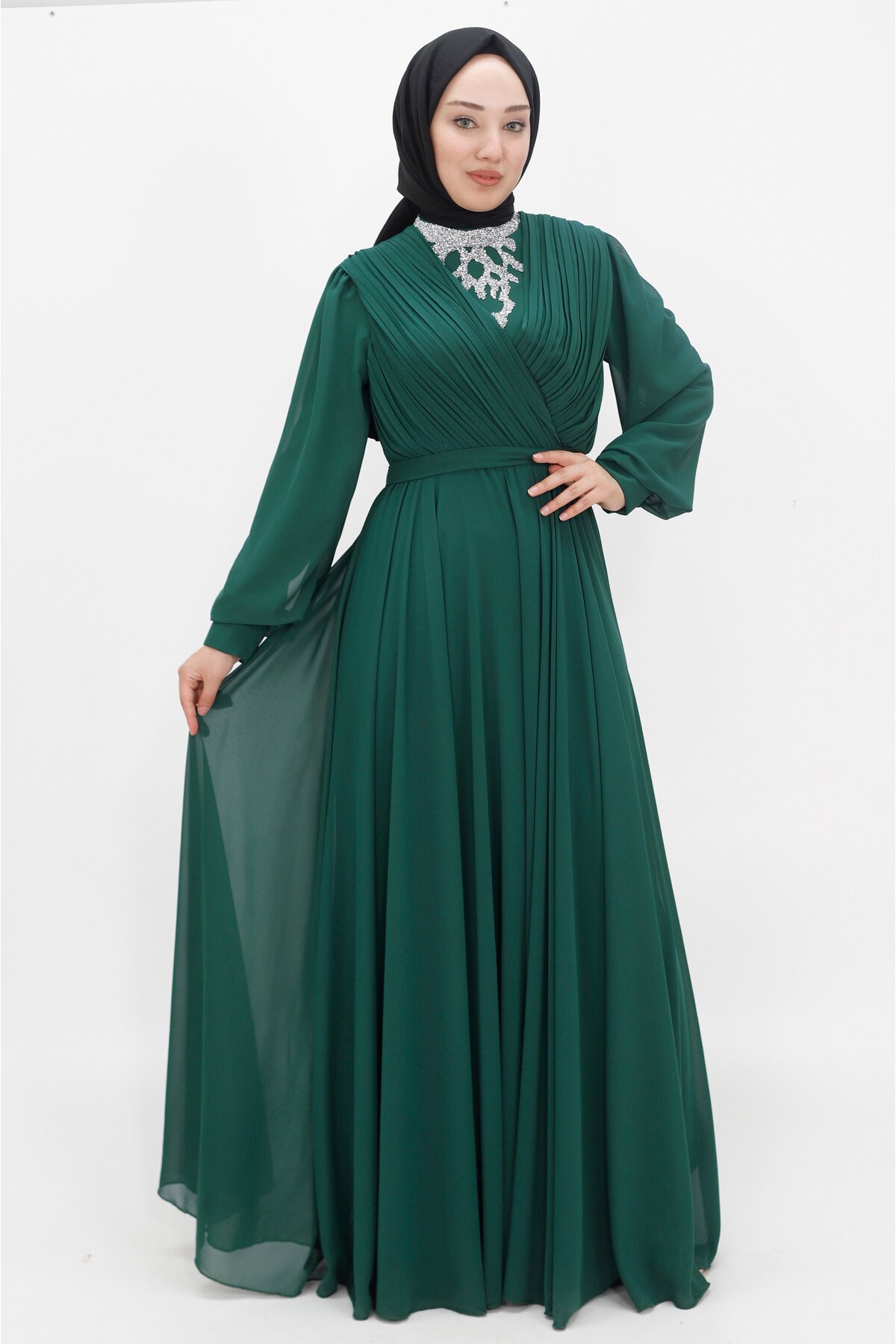 Chiffon Faux Wrap-Neck Stone Embellished Modest Evening Dress - Emerald Green - Bycoolest Butik